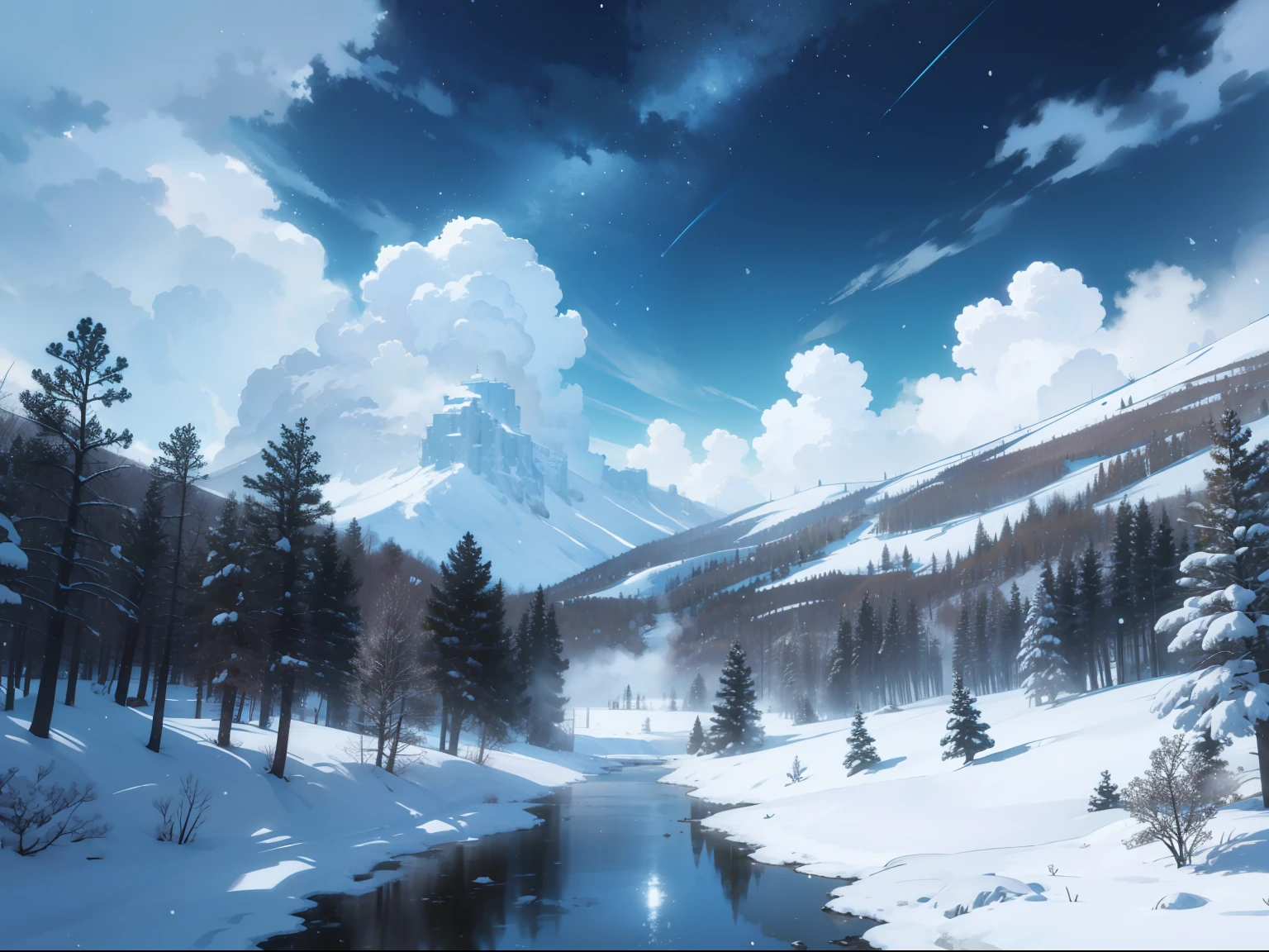 magnificent view。snowflakes falling。Snow piles up。starrysky。The breath is white。The air is clear。