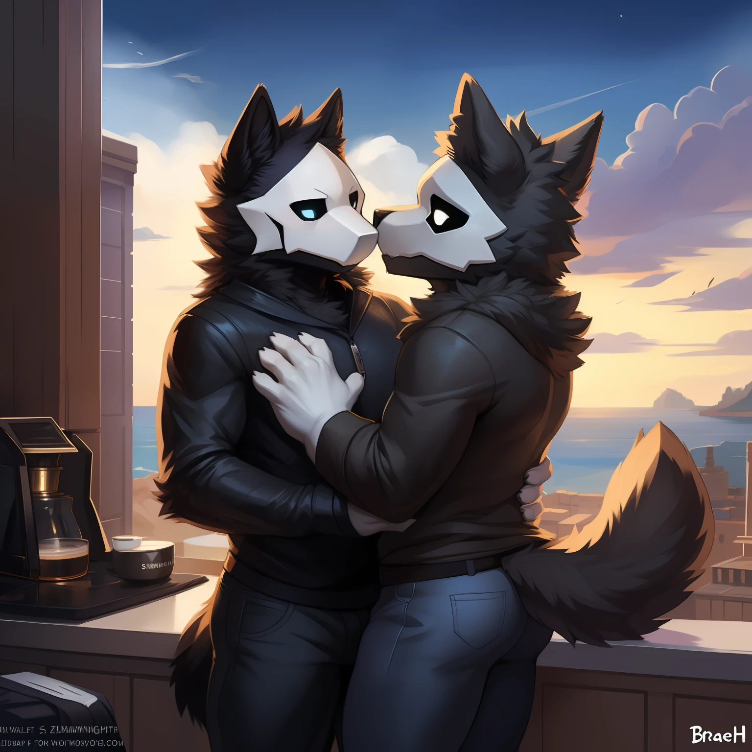by Pino Daeni, (by Foxovh), by dizzyknight, by cumbread, by sligarthetiger, explict content, uploaded on e621, (extremely detailed:1.3), puro, mask, puro_(changed), another male, by zackary911, by braeburned, by hioshiru, (coffeesoda:1.1), (((lin \(changed\)))), anthro, wolf, male, (white fur, white body, monotone body, monotone fur, blue eyes, pink inner ears), 2 males, duo, kissing, groping eachother, 1 male is Puro from changed, the other male is Lin from changed, Puro has white eyes with black sclera, (tall), (fluffy), jas black fur, the other male is Lin changed who has white fur, blue eyes and is short, Lin has no white mask,