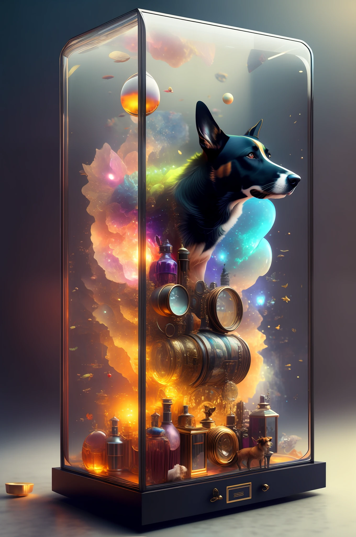 there is a picture of a dog in a glass case, beautiful digital artwork, stunning digital illustration, 4k highly detailed digital art, amazing digital art, 4k detailed digital art, colorfull digital fantasy art, 8k stunning artwork, incredible digital art, beautiful art uhd 4 k, surrealistic digital artwork, amazing wallpaper, digital art 4k