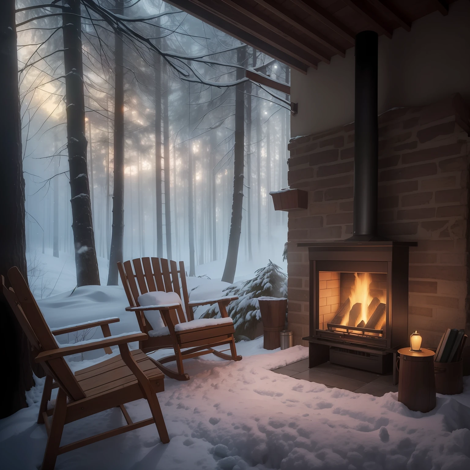 Imagine uma cabana de madeira aconchegante, surrounded by tall snow-covered trees. Soft smoke rises from the chimney as a fireplace crackles, iluminando o interior com um brilho acolhedor. Ao redor da lareira, You see a woodcutter sitting in a comfortable armchair, enrolado em um cobertor macio, holding a cup of hot chocolate. There's an adorable dog lying next to him, desfrutando do calor do fogo. Fora da janela, flocos de neve caem suavemente, criando uma paisagem encantadora. It is a time of tranquility and comfort, where the woodcutter relaxes after a hard day's work in the icy woods.