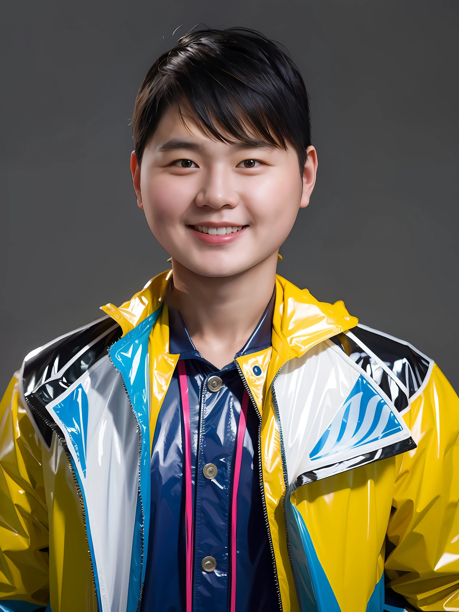 Chinese male high school student,Wear a PVC colored raincoat,wearing hat