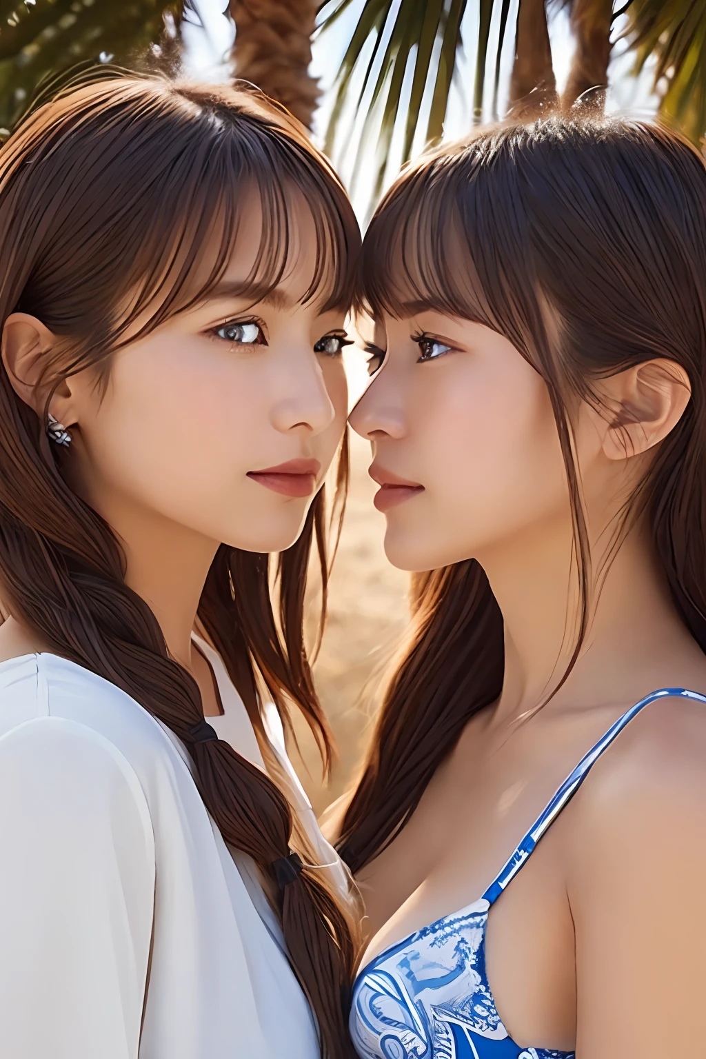 (From the side:1),((2girls)),(Two people facing each other in one image:1.3),Light Brown Fringe Longhair、Braided hair、disheveled hair、Light brown eyes、(dignified expression)、(Colorful micro bikini),(爆乳)、Emphasize the valley、the beach、Palm trees、blue-sky、(Photorealsitic)、(intricate detailes:1.2)、(masterpiece、:1.3)、(top-quality:1.4)、(超A high resolution:1.2)、超A high resolution、(A detailed eye)、(detailed facial features)、(Cowboy Shot)、They face each other.、
