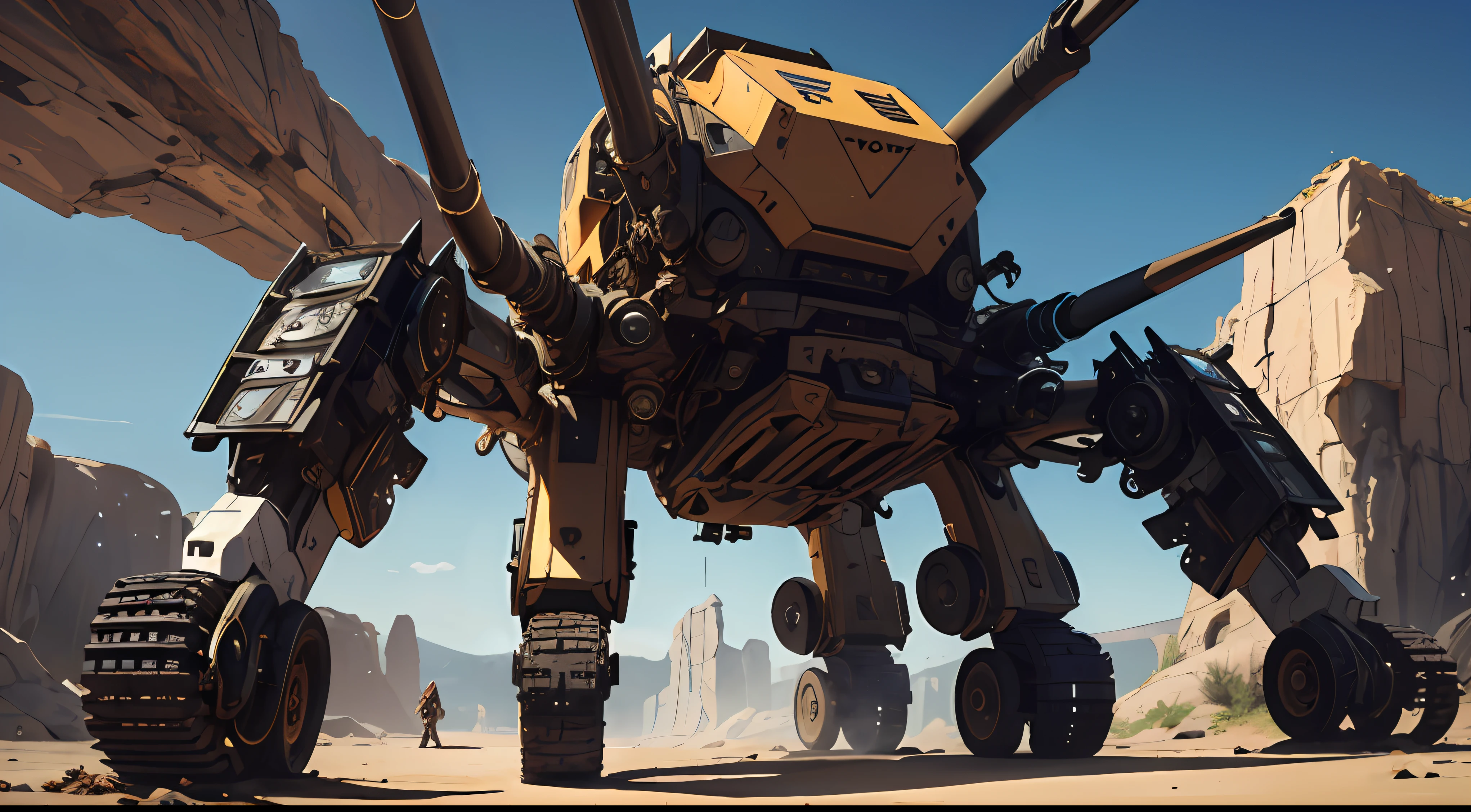 Dark_fantasy, cyber punk perssonage, ((Hexapod battery:1.5, Tarantula structure, Large-caliber artillery:1.7, The main gun is huge, Square barrel，Giant cannons :1.8, Plasma lightning:1.5, Camouflage color：1.1)), concept art Octane rendering, mech concept art, gentlesoftlighting, vivd colour, （（Desert battlefield））, expressionistic, in a panoramic view, large scene, dynamicposes, retinas, hyper HD, A high resolution, Award-Awarded, abstract expressionism, Vignetting, Chiaroscuro, afterimage, Atmospheric perspective, Rotated, art-deco, Constructivism, surrealism, god light, Masterpiece, ccurate, Anatomically correct, Textured skin, Best quality, High quality, 16k