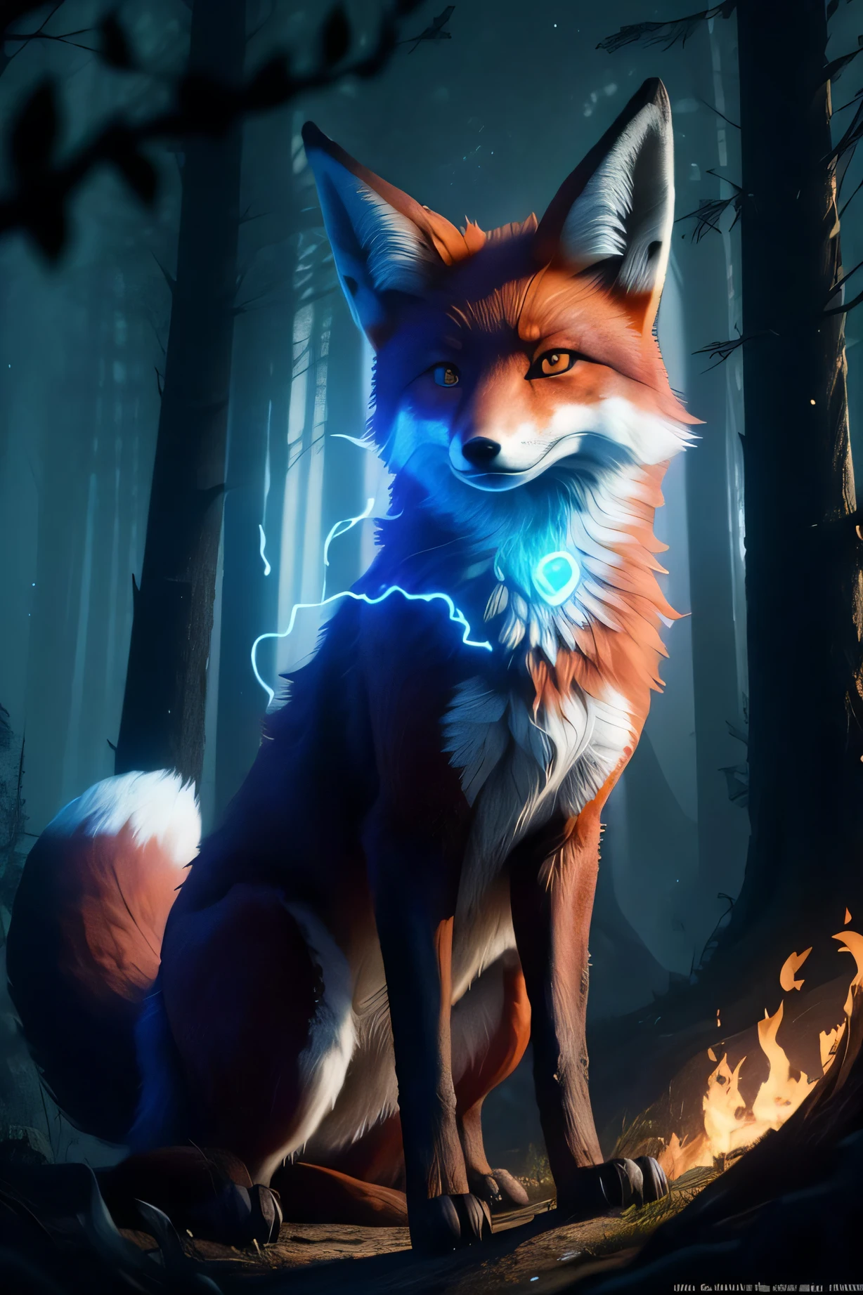 ((Shapeshifter dark red druid Mage Fox)), D&D, artstation, fantasy, magic the gathering artwork, cinematic lighting, centered, symmetrical, highly detailed, digital painting, , concept art, smooth, sharp focus, volumetric lighting, epic Composition, 8k, cgsociety, (detailed fur),standing in the middle of a (Enchanted forest:1.2),epic fantasy character,fantasy art, Shadows,destroyed trees, ruined forest, dark colors,fire flies,contrast,texture,realism,high quality, film grain,insane details, intricate details, hyperdetailed, soft cinematic light,adobe lightroom, photolab, intricate, highly detailed, muted colors, insane details, hyperdetailed, soft cinematic light, photolab, intricate,4K,8K,16K, UHD, highres, (8k wallpaper), film photo, De-Noise, f 5.6 , 85mm,Amazing photography ,dynamic compositon,Cinematic, shallow depth of field, Sharp focus, (extremely detailed CG unity 8k wallpaper), high detail, hdr, ultra realistic, detailed background, ((illustration)), (((masterpiece))), ((best quality)), (High resolution),photo-realistic,professional lighting,vibrant, film still, realistic proportions,raw,35mm,1/1250s, f/2.8, ISO 400, photograph, Eye detail, eye contact,(beautiful detailed fox eyes),((illustration)),(looking at viewer), ((night sky)),((fantasy)), RTX, Raytracing,((glowing particles in the air)),Fire in the background,electrical storm,deep shadow,vibrant colors, ominous atmosphere,vivid details, Moon light,(Ori and the Blind Forest),(ori and the will of the wisps), beautiful fur, (beautiful fox eyes), (almond-shaped eyes),portrait,beautiful fox paws,
