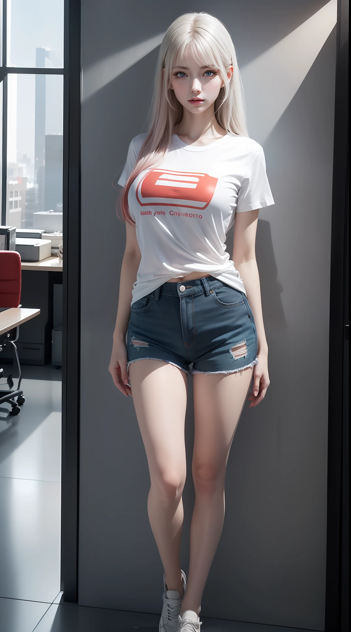 ((full body) ),gradient hair,(([white_red_0.5]hair)),(()),1girl,((office )),((bangs)),((t-shirt, )),office Ladies, shorts, behind the arms, best quality, masterpiece, illustration, very delicate and beautiful, very detailed, cg, unity, 8k wallpaper, amazing, fine details, masterpiece, best quality, official art, very Detailed CG Unity 8k wallpaper, ridiculous, unbelievably ridiculous, huge file size, super detailed, high resolution, very detailed, beautiful detailed girl, very detailed eyes and face, beautiful detailed eyes, face the light
