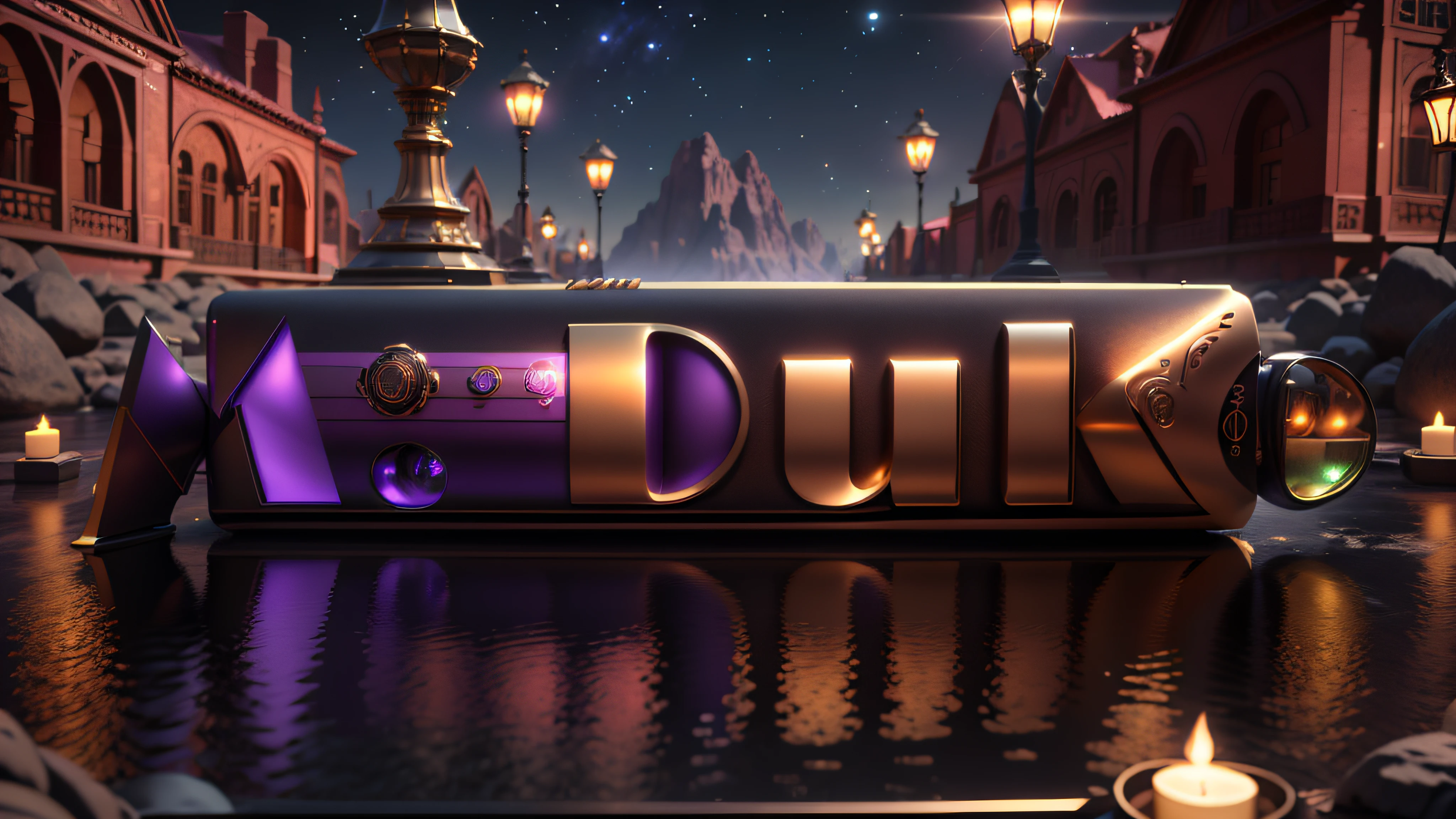 Logo com o nome M.Duke com tema violeta e bronze na Batcaverna, 8k, 3D-rendering, Hiper realista, Night sky on a beautiful beach, lua muito cheia, NVIDIA, ray-traced, Bokeh, profundidade de campo, Sinalizadores,