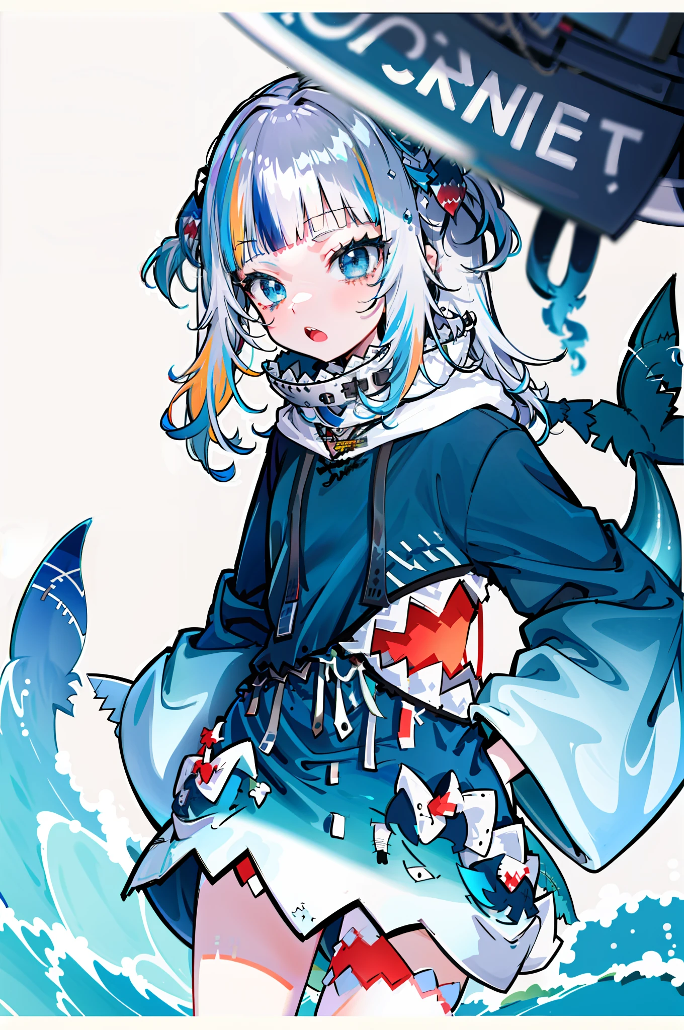 Best quality at best，The is very detailed，tmasterpiece，ultra - detailed，独奏，1girll，Elaborate Eyes，Colorful hair，coda，virtual youtuber，Huge gulas，face expressionless，blue hairs，Fishtail，Striped hair，Shark tail，hoody，teeth，shark hair ornament，eBlue eyes，hijabi sluty，hair adornments，Blunt Liuhai，Open mouth，Bibo hoodie，Solo，Two-tone hair，Two beside each other up，letterboxed，bangs，A long time ago，dans la mer，Full of bubbles with fish and marine plants