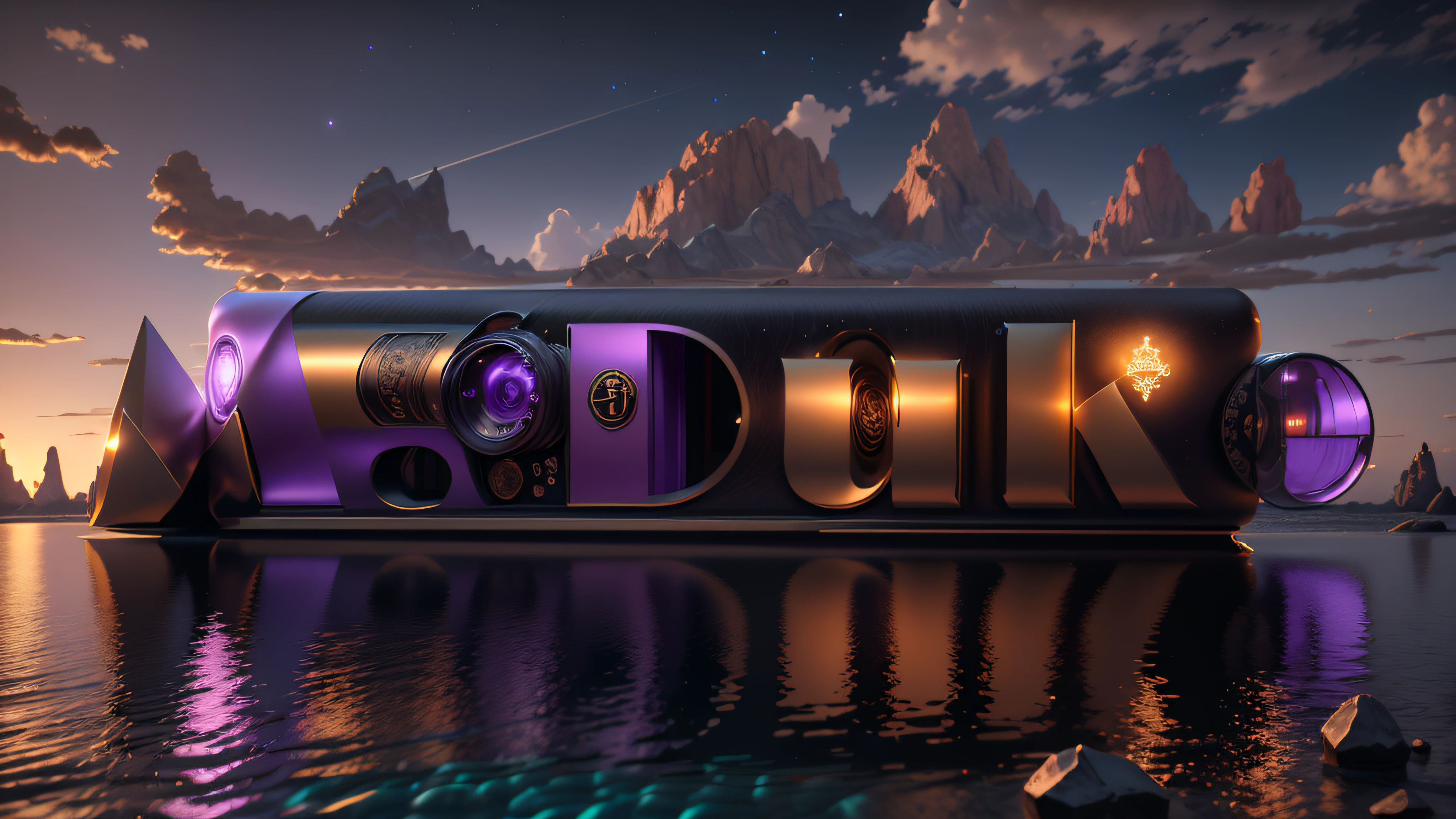 Logo com o nome M.Duke com tema violeta e bronze na Batcaverna, 8k, 3D-rendering, Hiper realista, Night sky on a beautiful beach, lua muito cheia, NVIDIA, ray-traced, Bokeh, profundidade de campo, Sinalizadores,