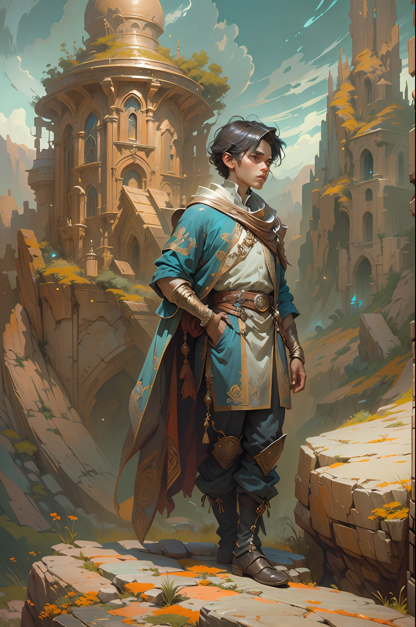 Portrait of a young handsome boy standing on a marvelous stone, standing gitl:1.2, (Low contrast ), colorfantasystyle, Oil painting on matte canvas, sharp detailed, the expanse scifi spacescape ceres colony, Intricate, Highly detailed, Digital painting, plethora of colors, smooth, Sharp focus, illustration, Unreal Engine 5, 8K, art by artgerm and greg rutkowski and alphonse mucha , art by midjourney