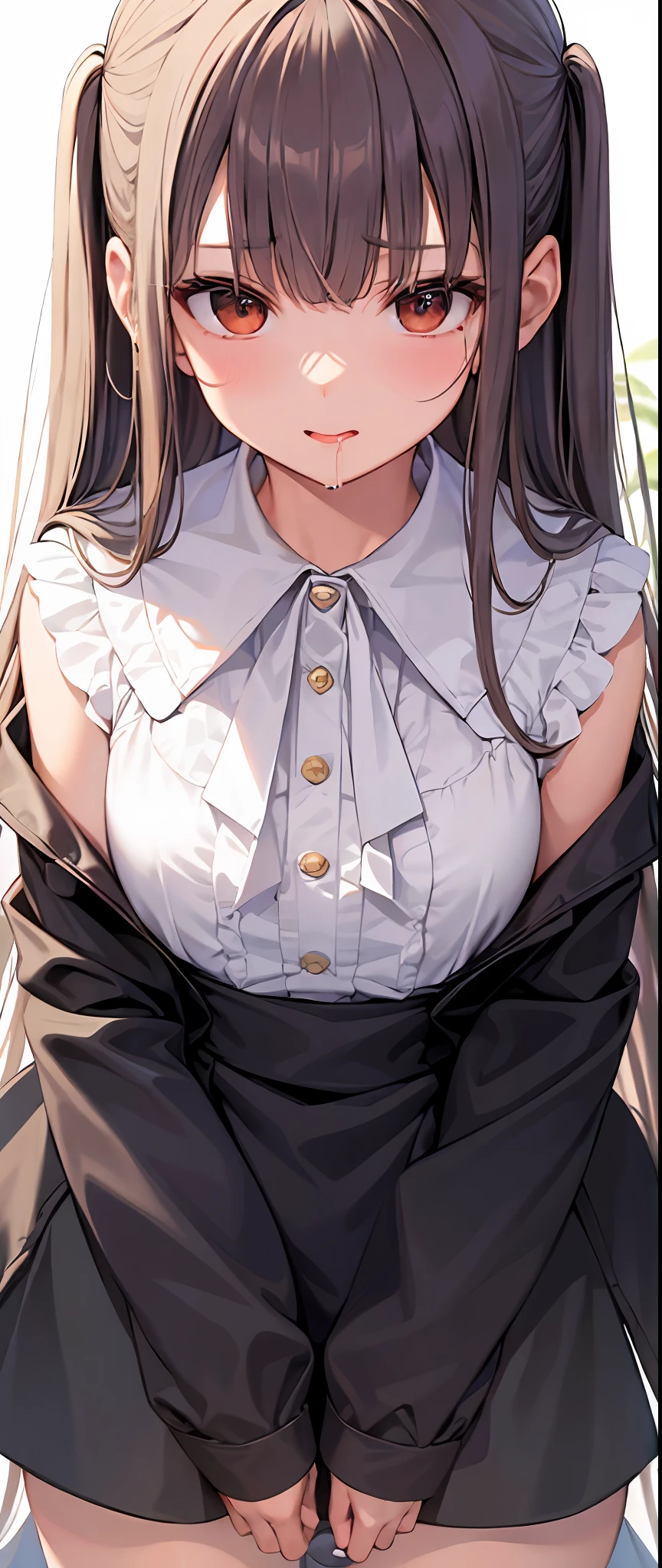 best quality,masterpiece,white background,upper body,Fair skin,blunt bangs,gladient hair,loosen clothing around the neck,look down on,extremely long hair,spreading hair,ivory hair,loafers,wet,child,young,girl,drooling face,open one's mouth,looks away,stick out tongue