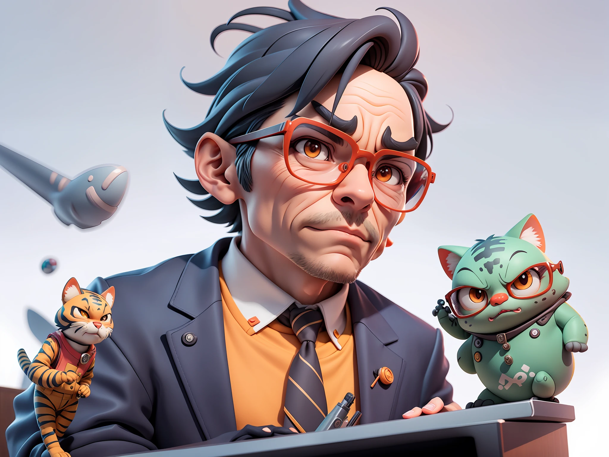 A young man in a suit, Short hair and glasses sat at his desk，holding laptop，digitial painting，tigre，3D character design by Mark Clairen and Pixar and Hayao Miyazaki and Akira Toriyama，4K HD illustration，Very detailed facial features and cartoon-style visuals。