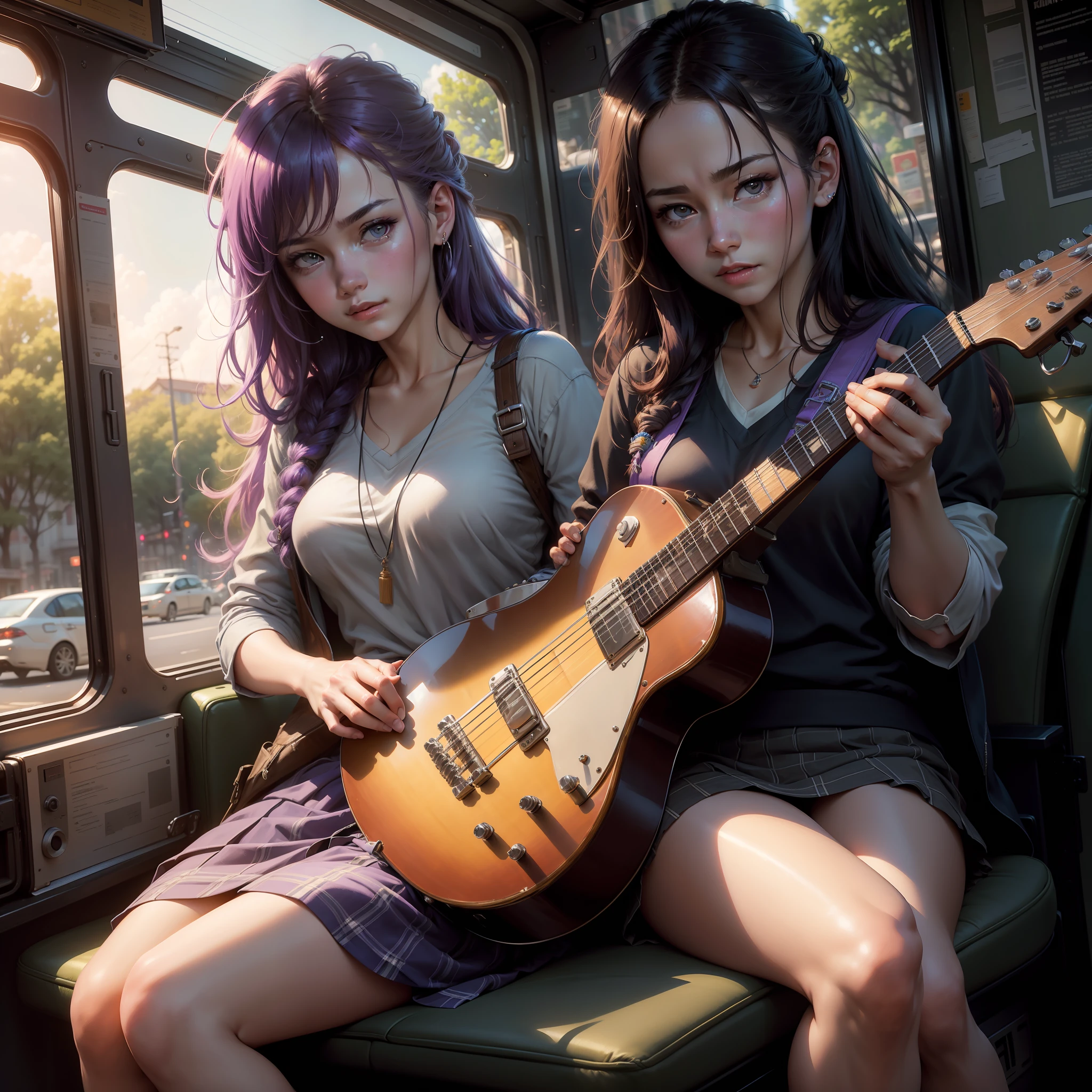 illustartions "bus", concept art by Pino Daeni, Jeremy Mann, Greg Rutkowski, Konstantin Razumov, Vladimir Volegov, Realistic close-up portrait, eun-ji playing electric guitar, sitting inside the bus, long purple hair, wearing vneck and mini skirt, clean face, sakura garden, epic cloud, sunrise, 4k, light reflected in the eyes, studio portrait, soft light, bezel lighting, bokeh background, picturesque, buff painting, (detailed faces:1. 3), (Detailed Eyes:1.3, 8K, HDR, RGB, Ultra-HD --ar 16:9  --q 5 --s 1000 --style raw