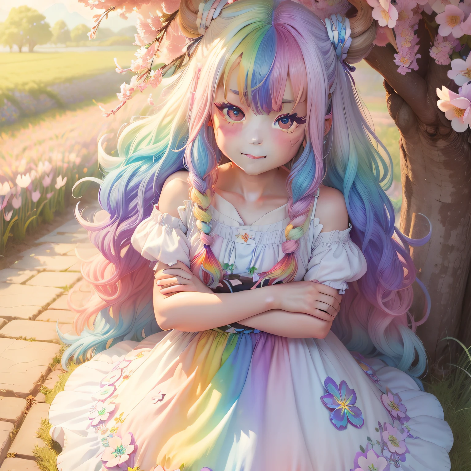 ((chibe:1.2), (hair colored as rainbow:1.3), white dress with light blue details,(girl:1.2),shy sneering,(spring afternoon in a flowery field:1.2), violet colored eyes, shy smile)