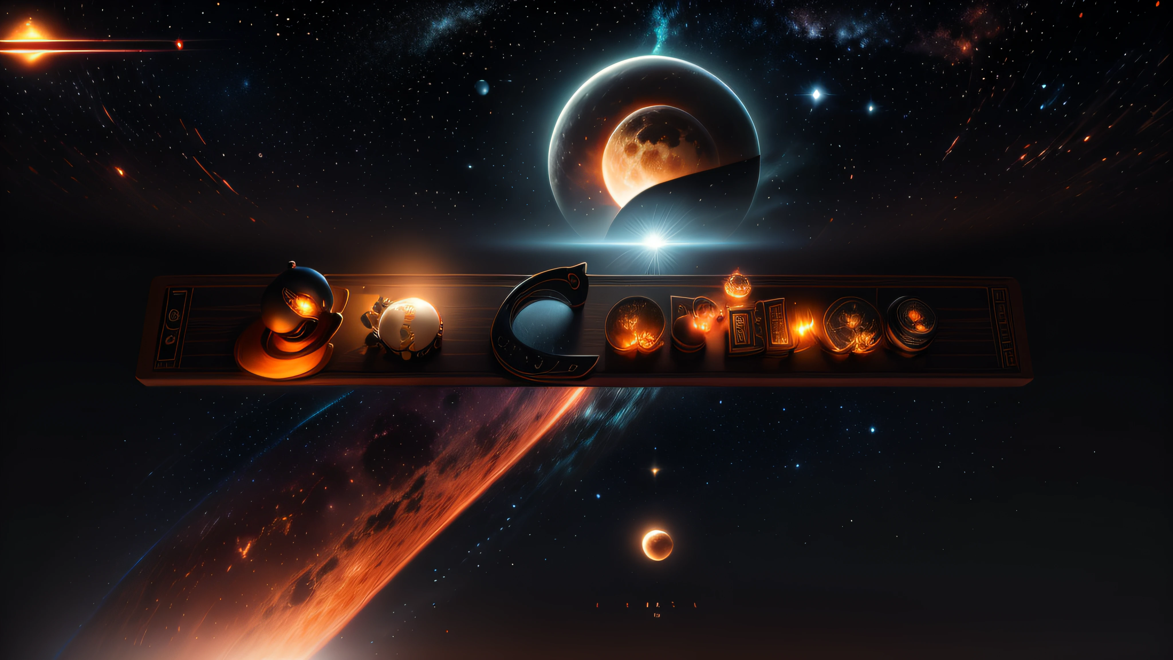 Logo with the name Eta Carinae red and bronze illuminated by neon of various colors in a night sky with full moon and giant planet Saturn behind, 8k, 3D-rendering, Hiper realista, logo is on a mirrored chessboard, NVIDIA, ray-traced, Bokeh, profundidade de campo, Sinalizadores,