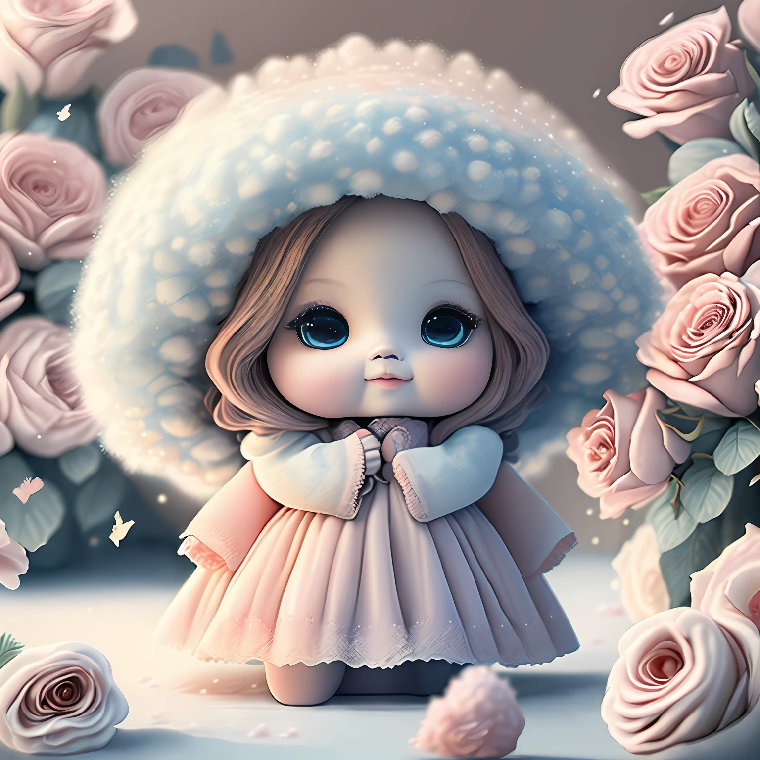 arte CG ultra-detalhada, The adorable doll surrounded by ethereal roses, melhor qualidade, alta resolução, detalhes intrincados, fantasia, mascote bonitos