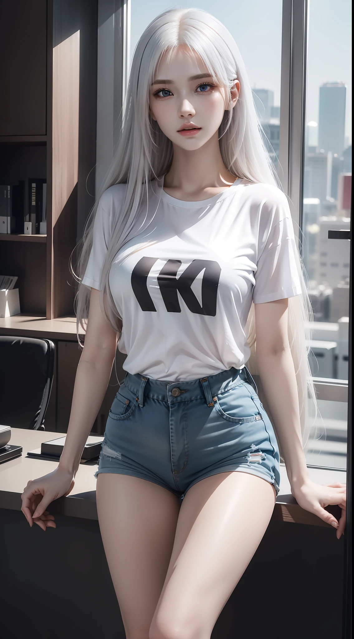 ((full body) ),gradient hair,(([white_red_0.5]hair)),(()),1girl,((office )),((bangs)),((t-shirt, )),office Ladies, shorts, behind the arms, best quality, masterpiece, illustration, very delicate and beautiful, very detailed, cg, unity, 8k wallpaper, amazing, fine details, masterpiece, best quality, official art, very Detailed CG Unity 8k wallpaper, ridiculous, unbelievably ridiculous, huge file size, super detailed, high resolution, very detailed, beautiful detailed girl, very detailed eyes and face, beautiful detailed eyes, face the light