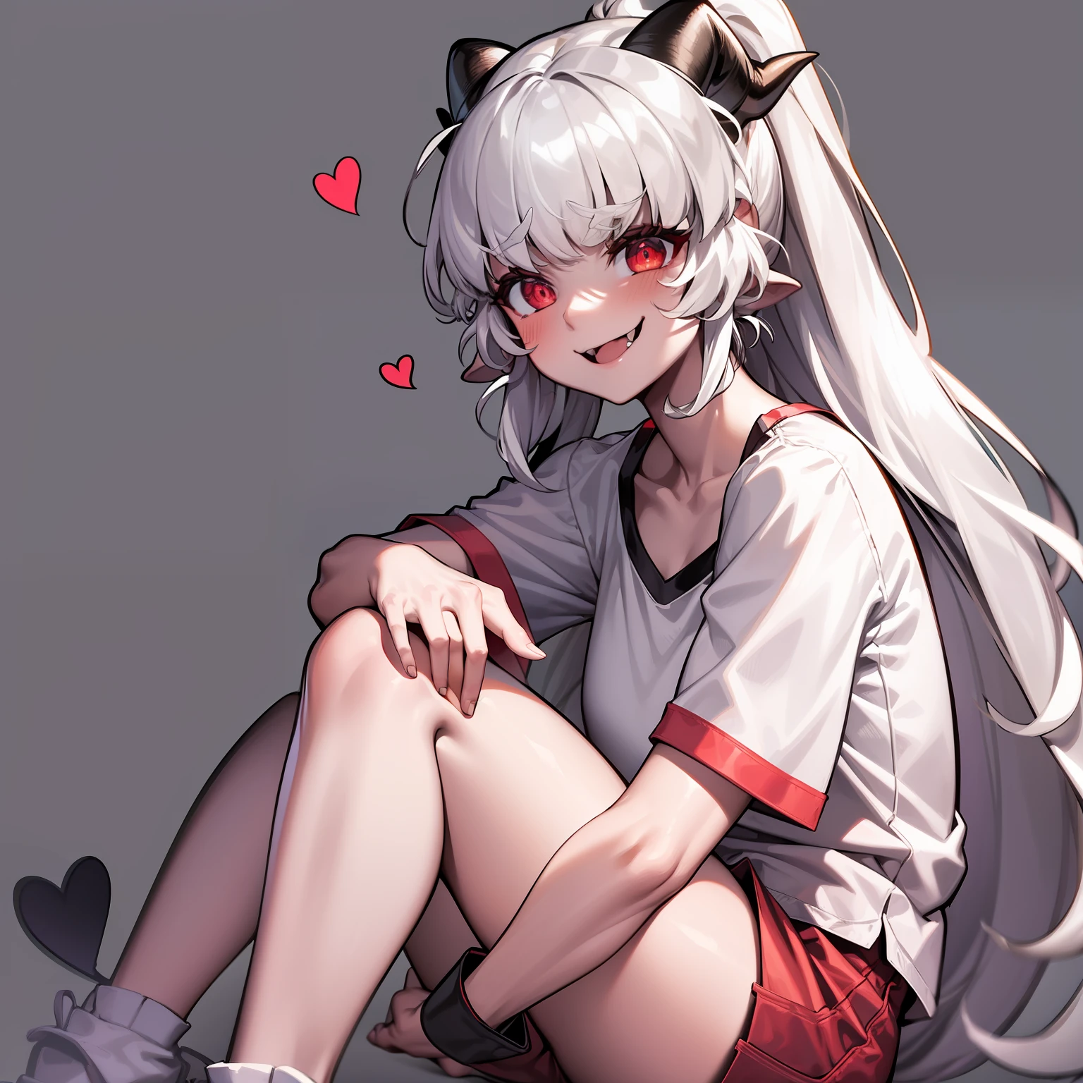 modeus(helltaker), wristband, sitting, simple background, red eyes, symbol-shaped pupils, short shorts, white background, collarbone, shorts, ponytail, solo, long hair, white hair, red shorts, demon tail, smile, gym shorts, dolphin shorts, blush, shirt, 1girl, heart, demon horns, tail, horns, short sleeves, heart-shaped pupils, looking at viewer, white shirt, hair between eyes, demon girl