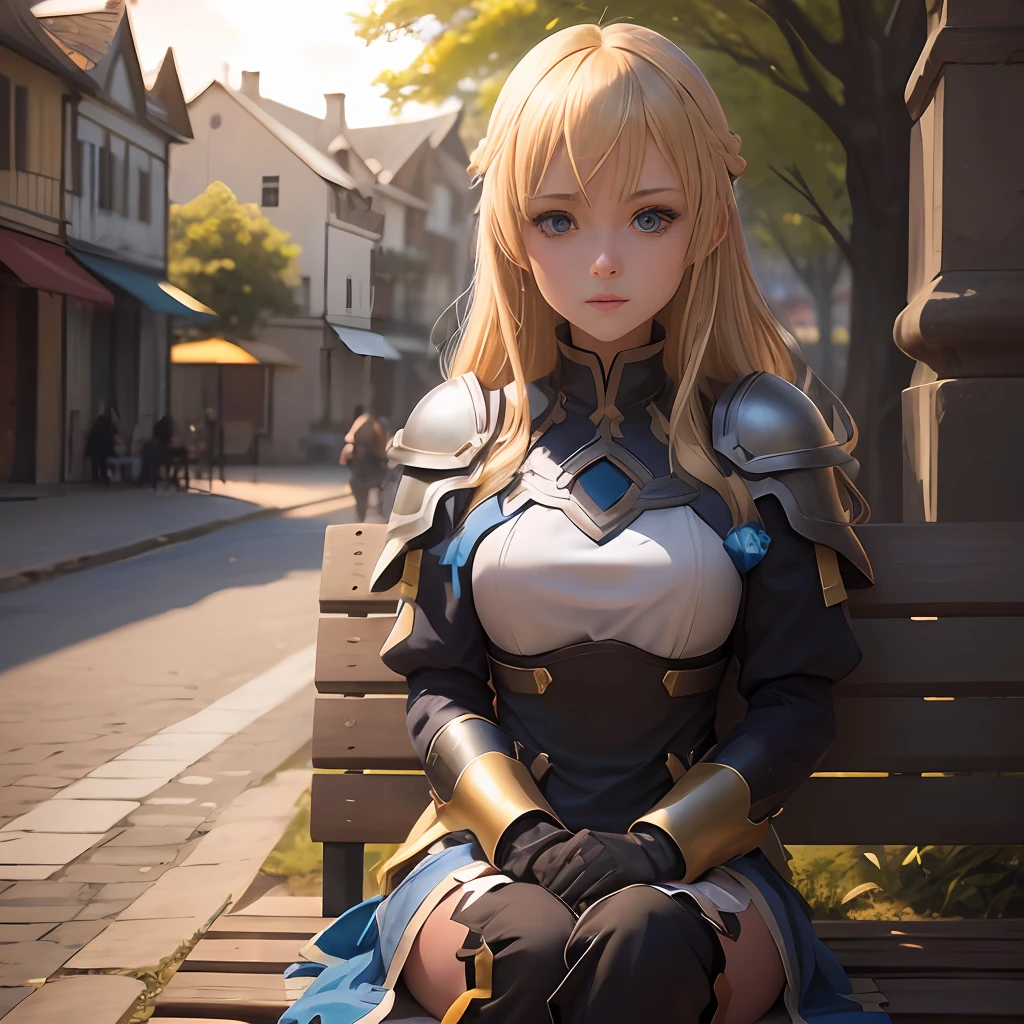 Darkness of Konosuba sitting on a bench in a square, she is blonde with blue eyes, and is wearing a yellow dress with pieces of armor, cabelo comprido amarrado, sun sunset, ao lado tem um poste com a luz acesa