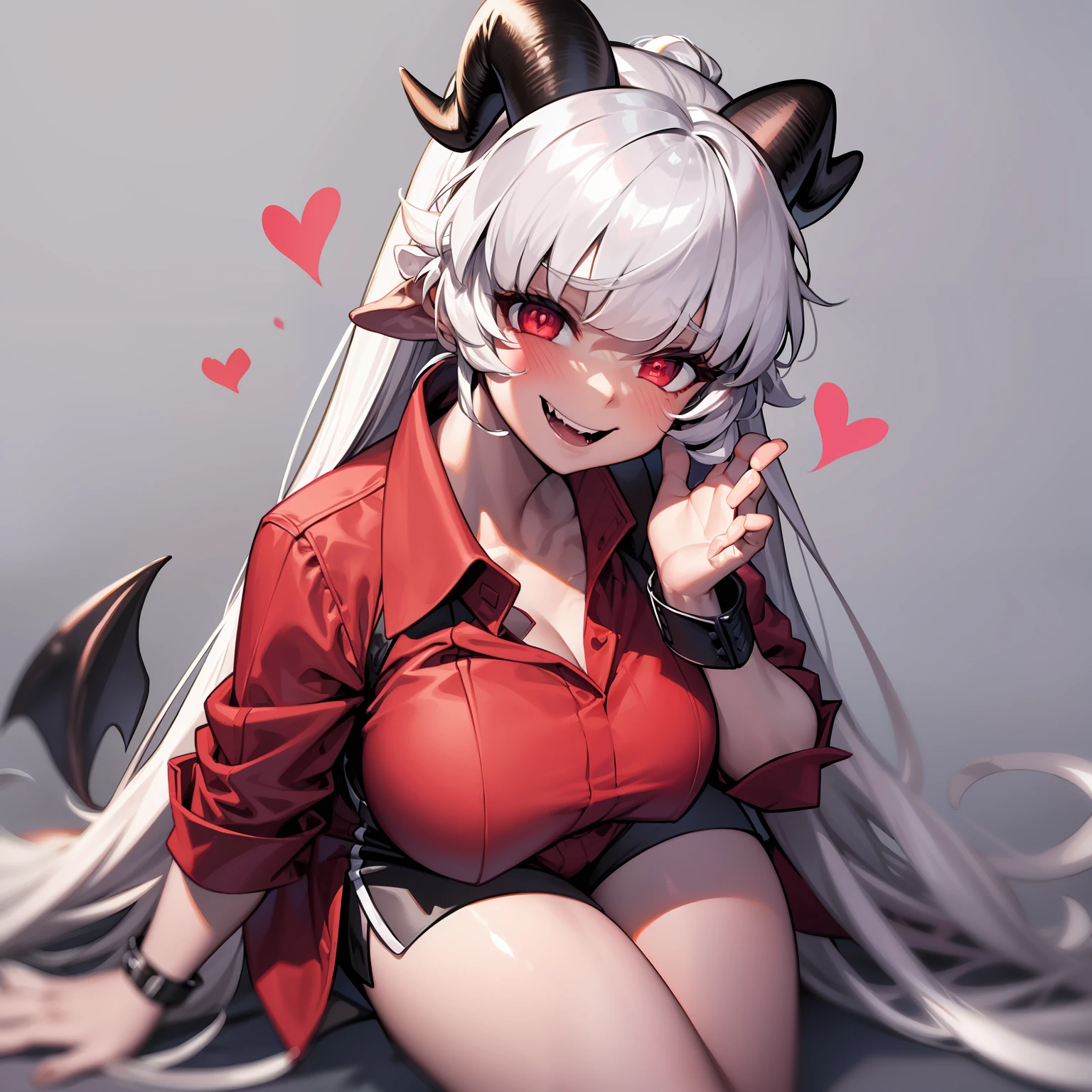 modeus(helltaker), wristband, sitting, simple background, red eyes, symbol-shaped pupils, short shorts, white background, collarbone, shorts, ponytail, solo, long hair, white hair, red shorts, demon tail, smile, gym shorts, dolphin shorts, blush, shirt, 1girl, heart, demon horns, tail, horns, short sleeves, heart-shaped pupils, looking at viewer, white shirt, hair between eyes, demon girl