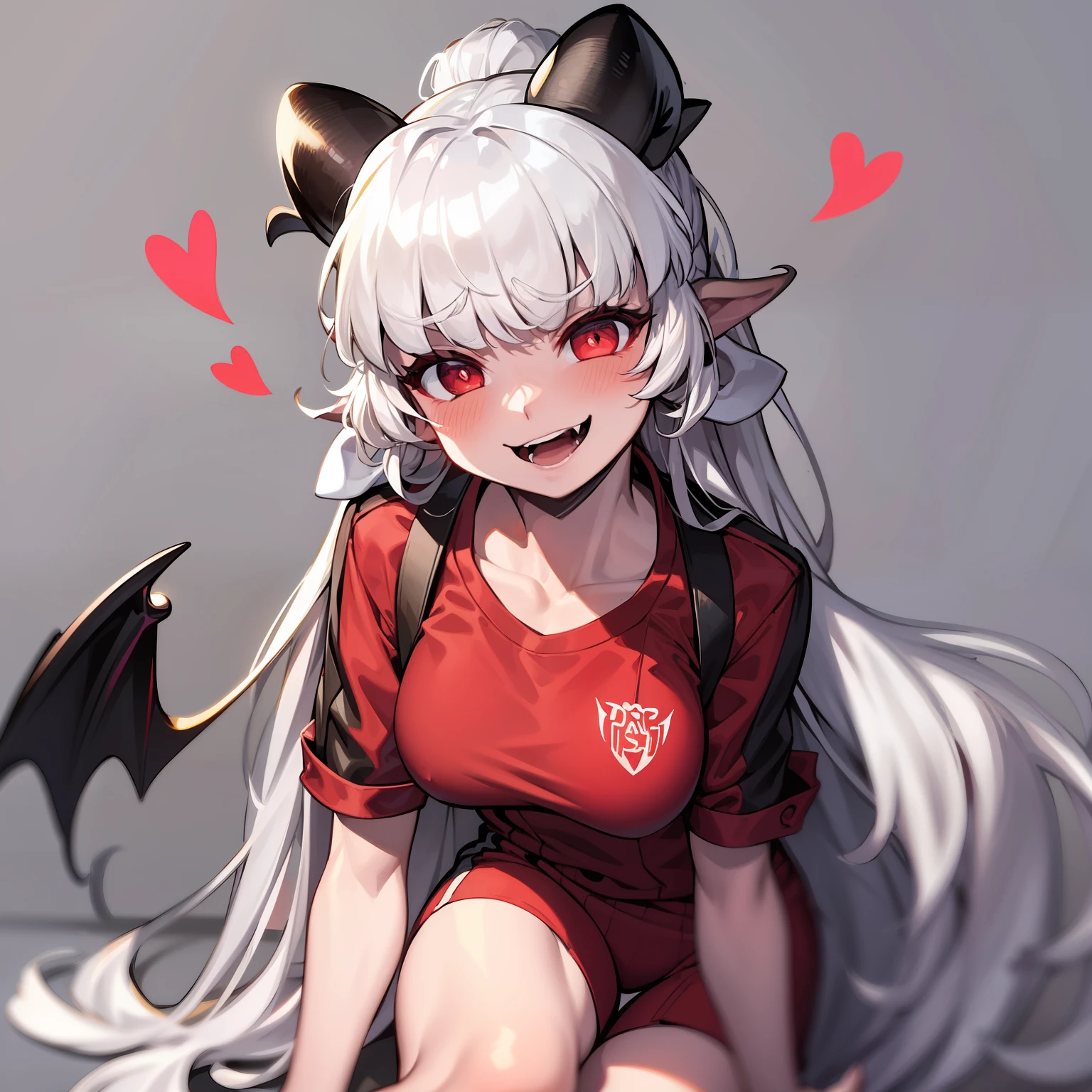 modeus(helltaker), wristband, sitting, simple background, red eyes, symbol-shaped pupils, short shorts, white background, collarbone, shorts, ponytail, solo, long hair, white hair, red shorts, demon tail, smile, gym shorts, dolphin shorts, blush, shirt, 1girl, heart, demon horns, tail, horns, short sleeves, heart-shaped pupils, looking at viewer, white shirt, hair between eyes, demon girl