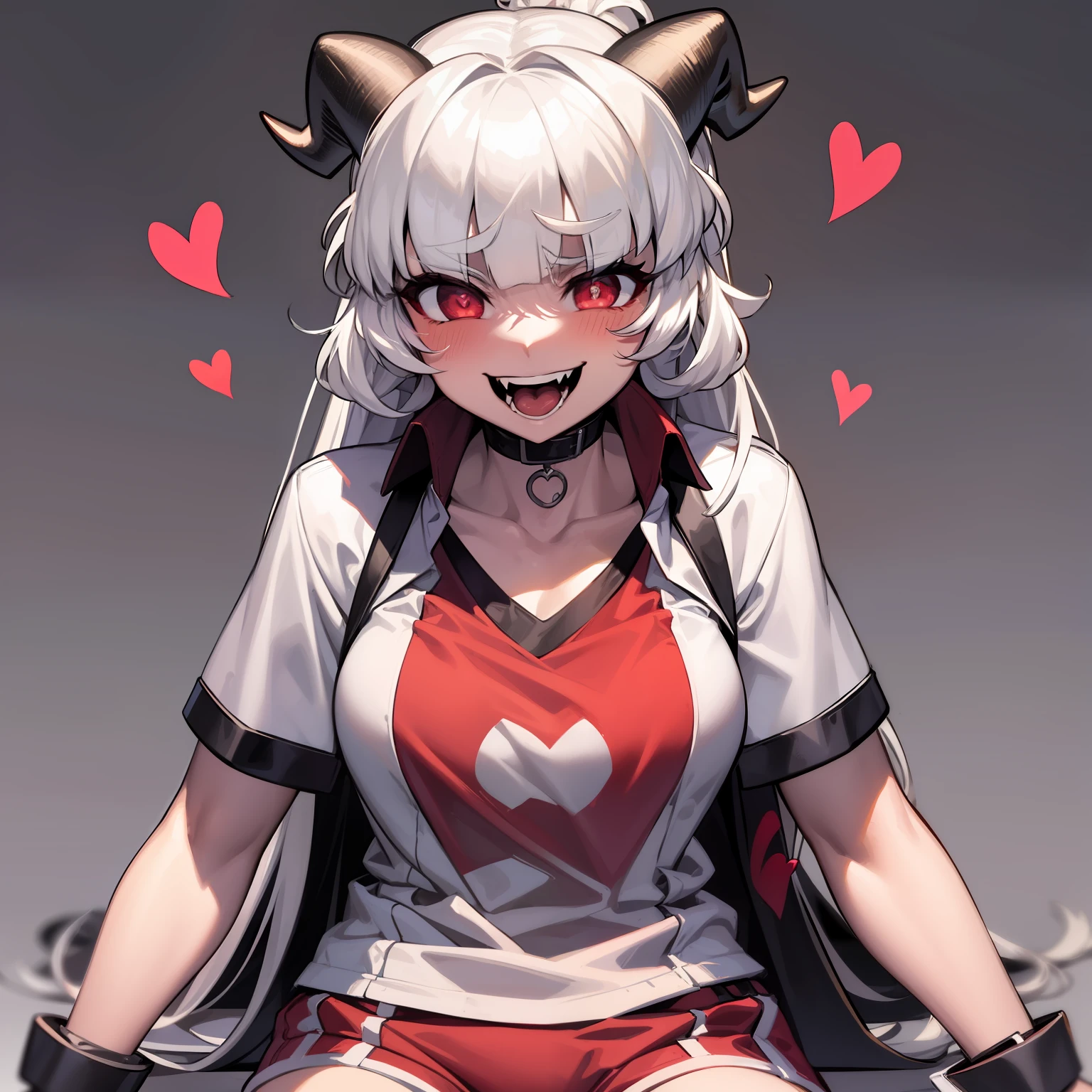 modeus(helltaker), wristband, sitting, simple background, red eyes, symbol-shaped pupils, short shorts, white background, collarbone, shorts, ponytail, solo, long hair, white hair, red shorts, demon tail, smile, gym shorts, dolphin shorts, blush, shirt, 1girl, heart, demon horns, tail, horns, short sleeves, heart-shaped pupils, looking at viewer, white shirt, hair between eyes, demon girl