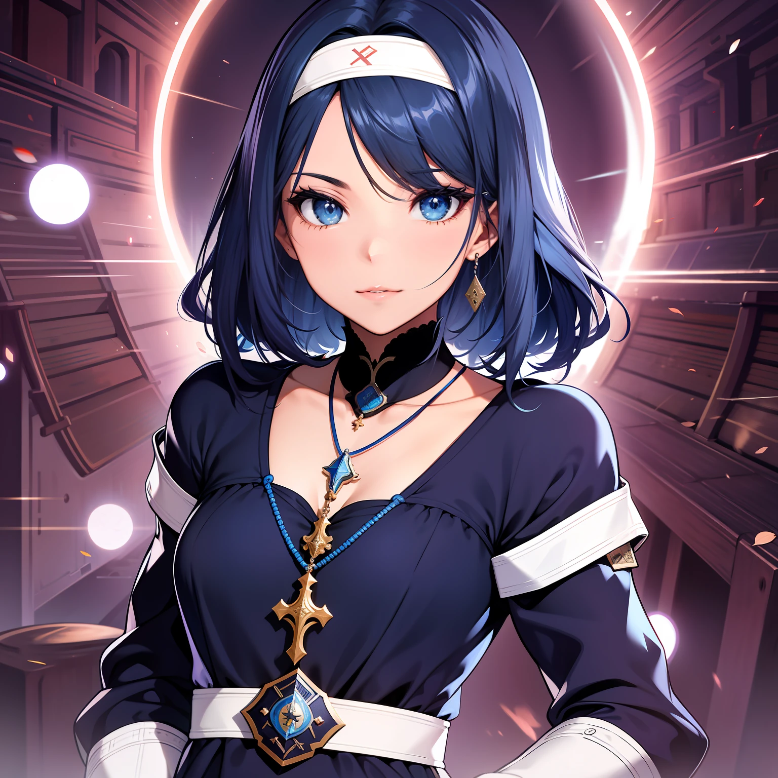 freira, olhos azuis, colar de cruz, cabelos pretos, veu azul, roupas azuis, em um cenario sagrado, 4k, boa anatomia, melhor qualidade