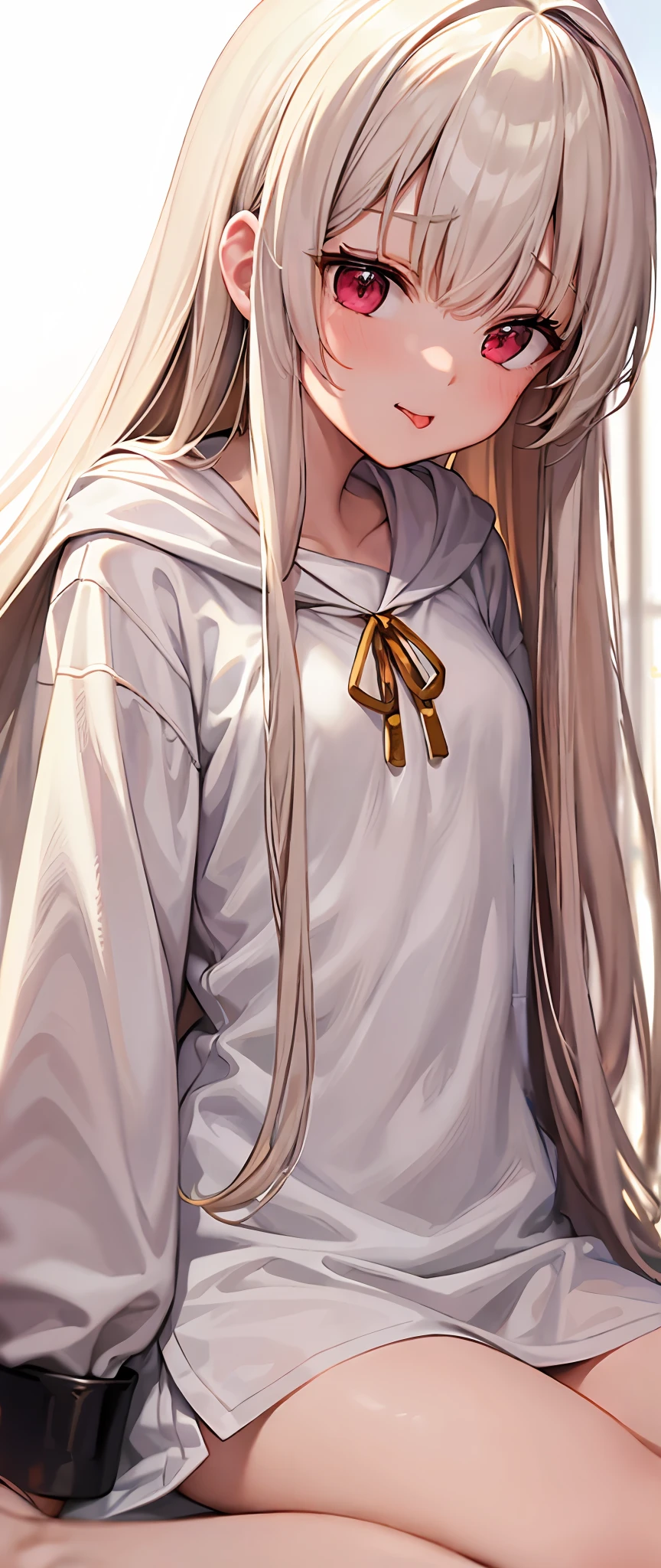 best quality,masterpiece,white background,upper body,Fair skin,blunt bangs,gladient hair,loosen clothing around the neck,look down on,extremely long hair,spreading hair,ivory hair,loafers,wet,child,young,girl,drooling face,open one's mouth,looks away,stick out tongue