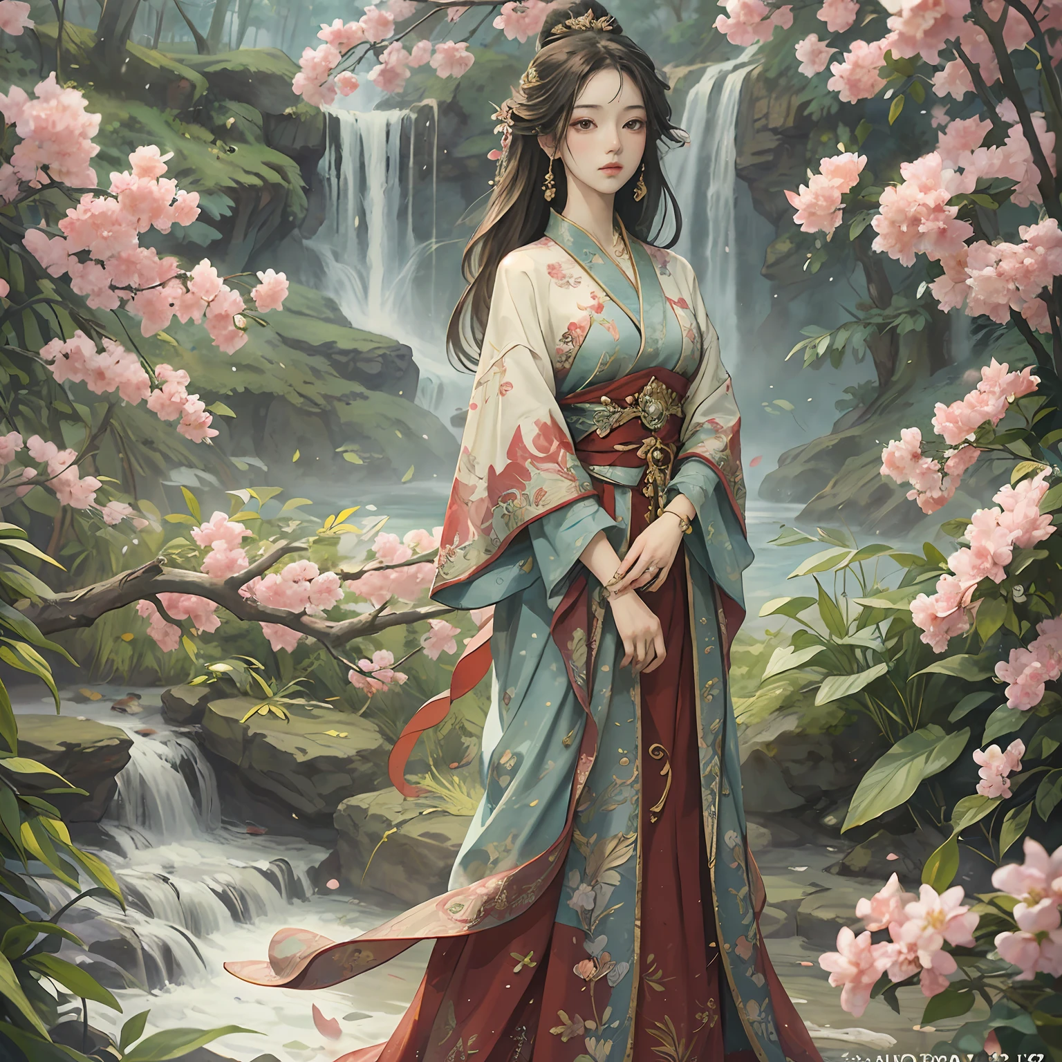 “masterpiece,Best picture quality,Ancient clothing and hairstyles with precise details,Gorgeous accessories,Jade jewelry,Extreme art,8k ultra high definition。"Background:the trees,blossoms,waterfallr,Pavilions