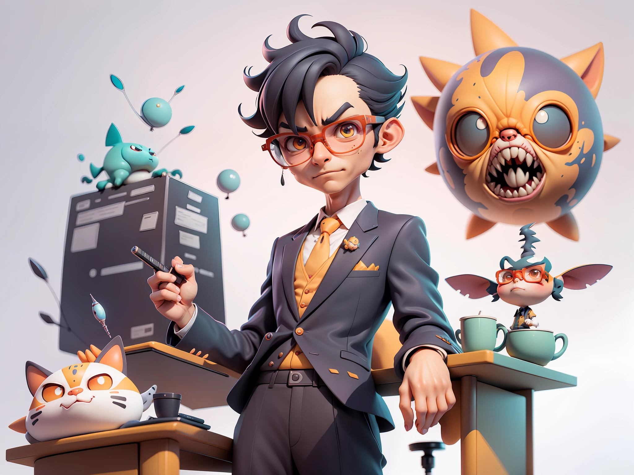 A young man in a suit, Short hair and glasses sat at his desk，holding laptop，digitial painting，tigre，3D character design by Mark Clairen and Pixar and Hayao Miyazaki and Akira Toriyama，4K HD illustration，Very detailed facial features and cartoon-style visuals。