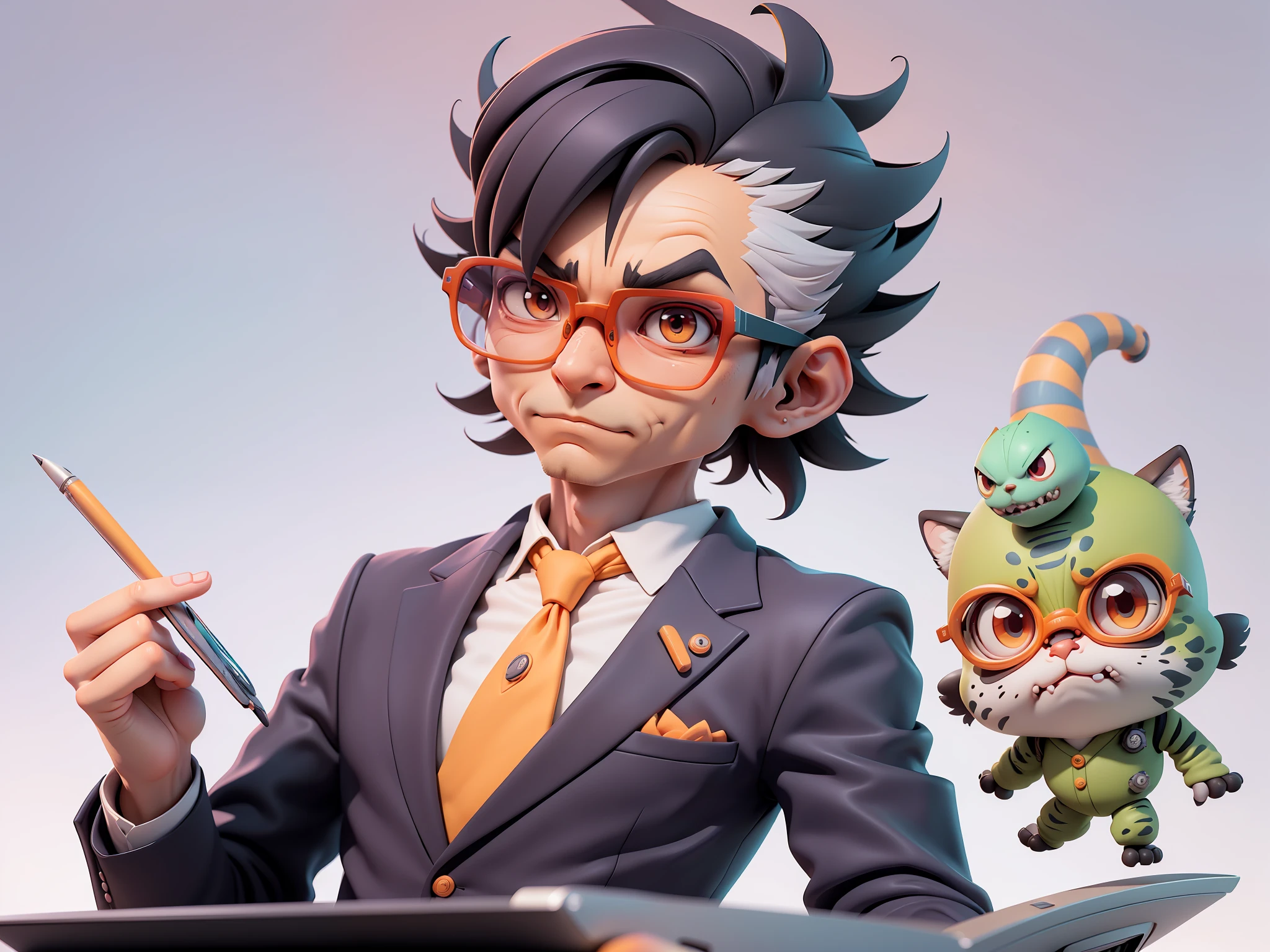 A young man in a suit, Short hair and glasses sat at his desk,holding laptop,digitial painting,tigre,3D character design by Mark Clairen and Pixar and Hayao Miyazaki and Akira Toriyama,4K HD illustration,Very detailed facial features and cartoon-style visuals。