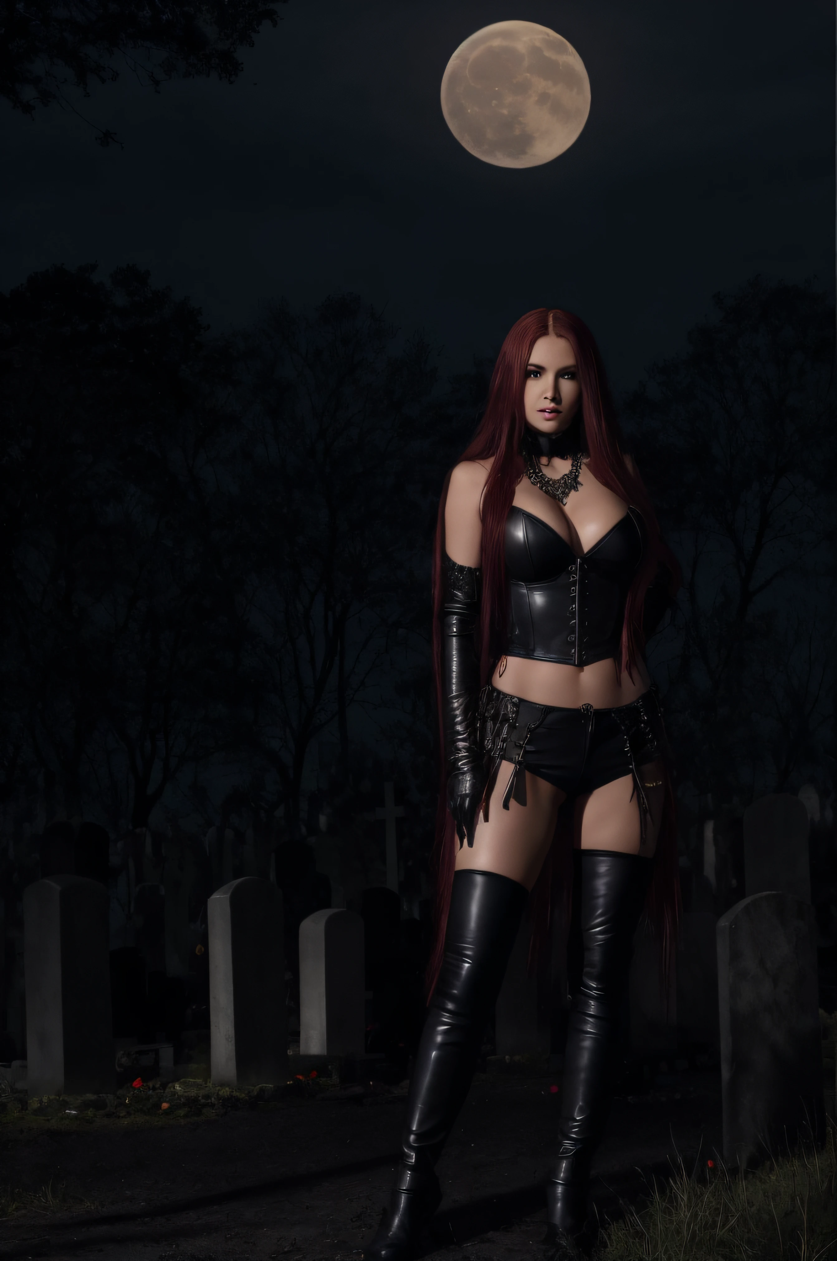 full body shot, red long hair, fangs, yellow eyes, big breasts, necklace, leather clothes, (realistic background), (cemetery), (night), crows, tombs, moon, raining, dense forest, mausoleum, (high quality), best quality, highly detailed, looking at viewer