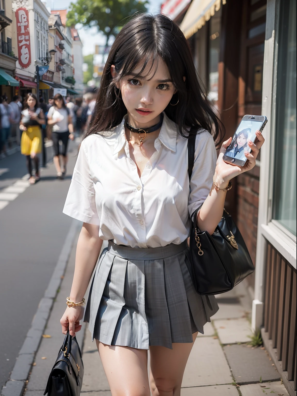 The highest quality shooting　　　　、Spectator　、　　(((Black collar))) 、　　White School Uniform、(((audience)))　Gray blazer　、gust of wind　、walk　、(((turned around)))　、look behind、satchel　、Grey pleated skirt　、Knee-length pleated skirt、walk　、student clothes　、　　Collar with a leash　、Cowboy Shot　　 、is crying　 　　、Portraits are prohibited　、blushed face　、　Thin rope　　、mobile phone　、　Take your eyes off　、An amusement park、Disney land　、Turn your face away　、(((audience)))　　、　cabelos preto e longos　、Low angle full body photo　、Sad look、 Black hair, shining beautiful skin , Sweat, collar and chain accessories, beautiful black pupil and hair, Detailed expression　, beautidful eyes
