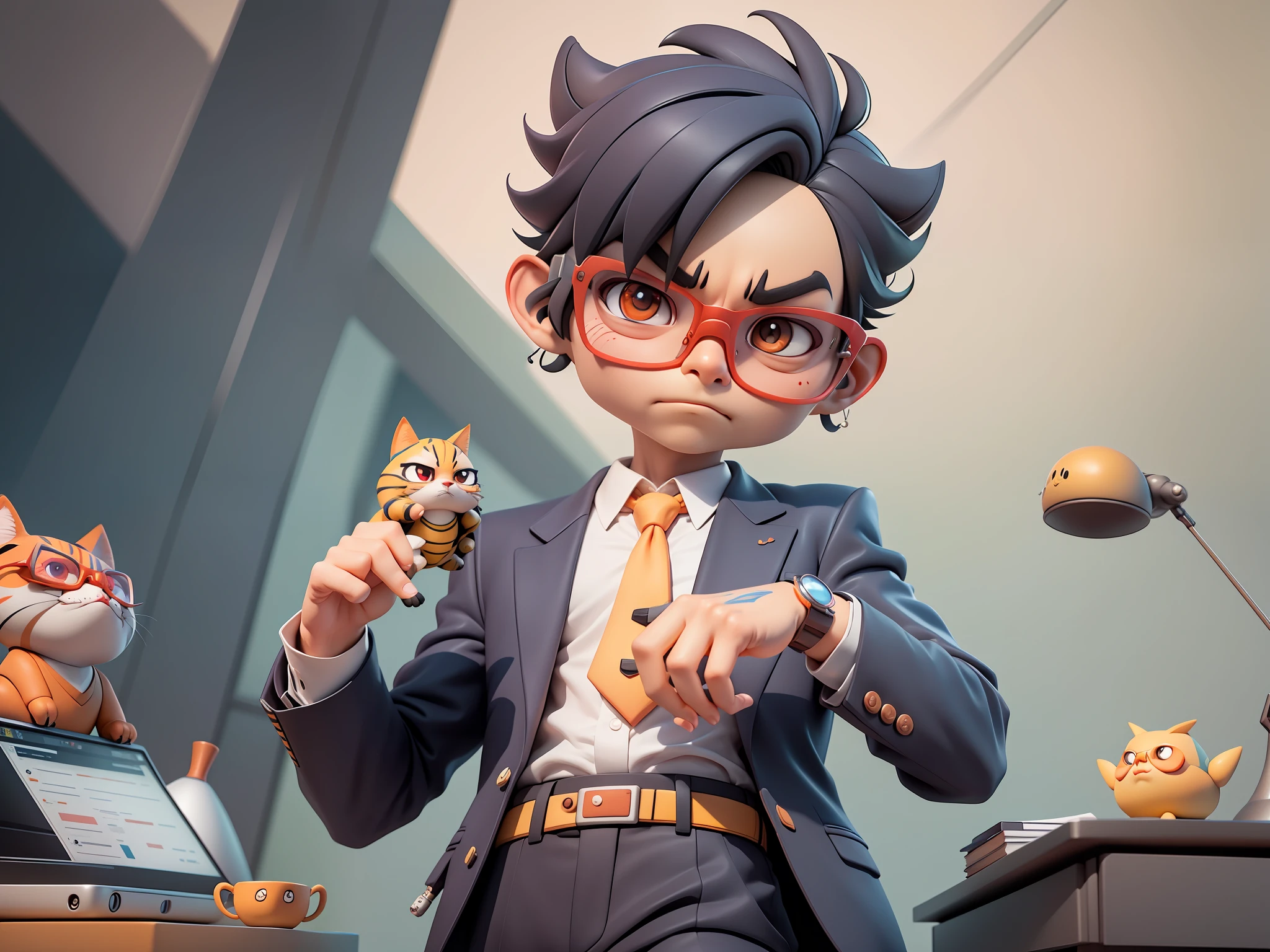 A young man in a suit, Short hair and glasses sat at his desk，holding laptop，digitial painting，tigre，3D character design by Mark Clairen and Pixar and Hayao Miyazaki and Akira Toriyama，4K HD illustration，Very detailed facial features and cartoon-style visuals。