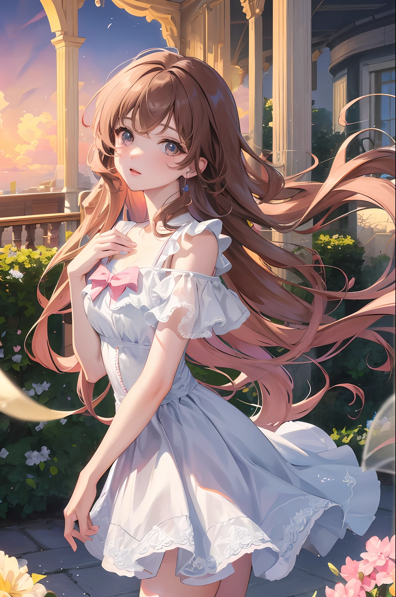 high high quality，tmasterpiece，Delicate facial features，Delicate hair，Delicate eyes，Delicate hair，Romantic girl，Anime shoujo，One in a pink dress，Pop dresses，Long brown hair，scenecy,rays of sunshine,baiyun,Detailed clouds，posed for photo, 8k octae render photo, loli in dress, render of april, Rendu portrait 8k, super detailed render, Guviz, cute anime style，Guviz-style artwork, Fantastical Atmosphere，highly detailed soft lighting，8K high quality detailed art（Delicate facial portrayal）（Fine hair portrayal）（highest  quality）（Master masterpieces）（High degree of completion）（a sense of atmosphere）8k wallpaper，tmasterpiece，Best quality at best，ultra - detailed