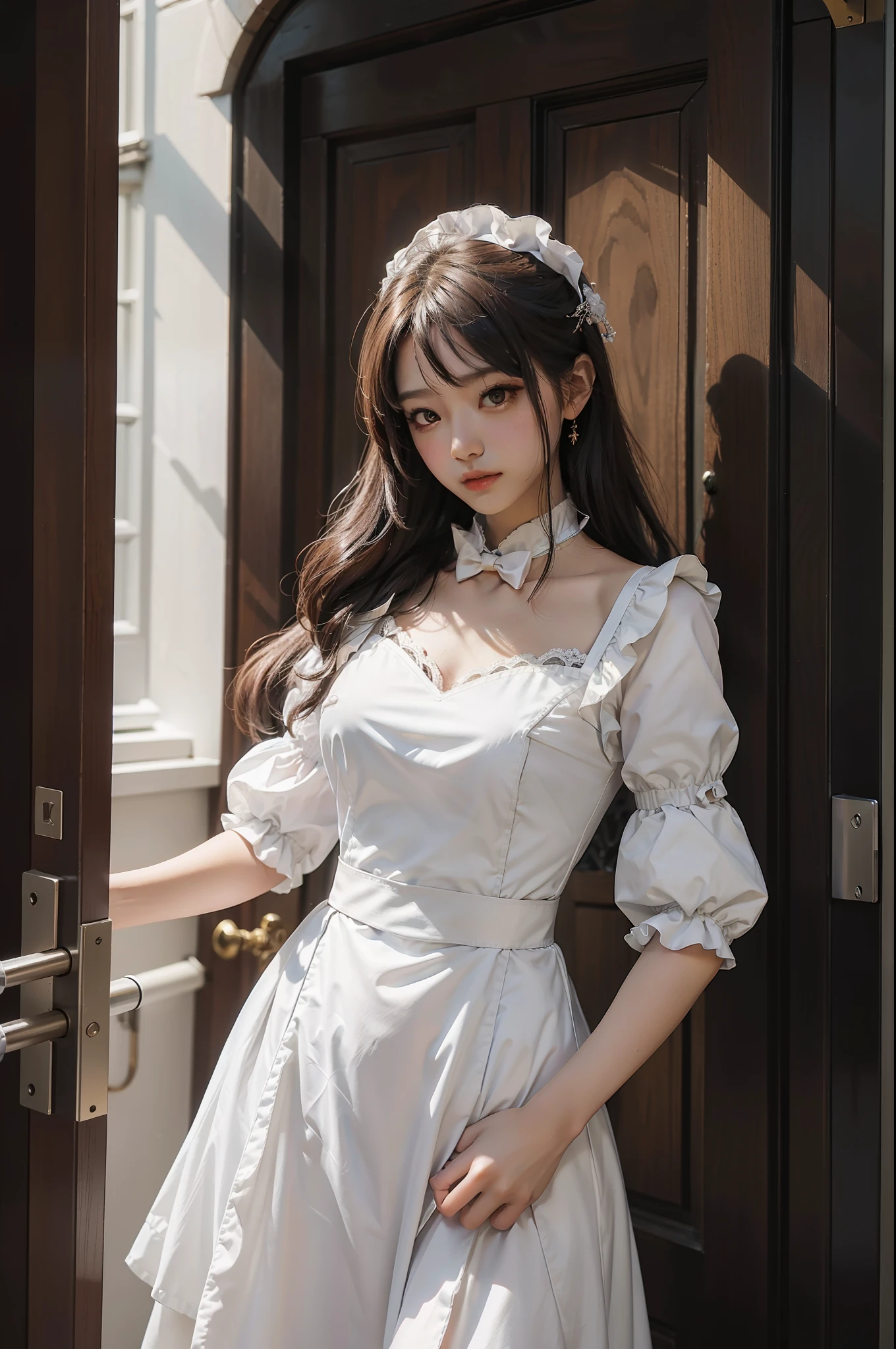 超A high resolution, Super High Detail, depth of fields, maid, Curtsey, to stand, At the entrance, Perfect Anatomy