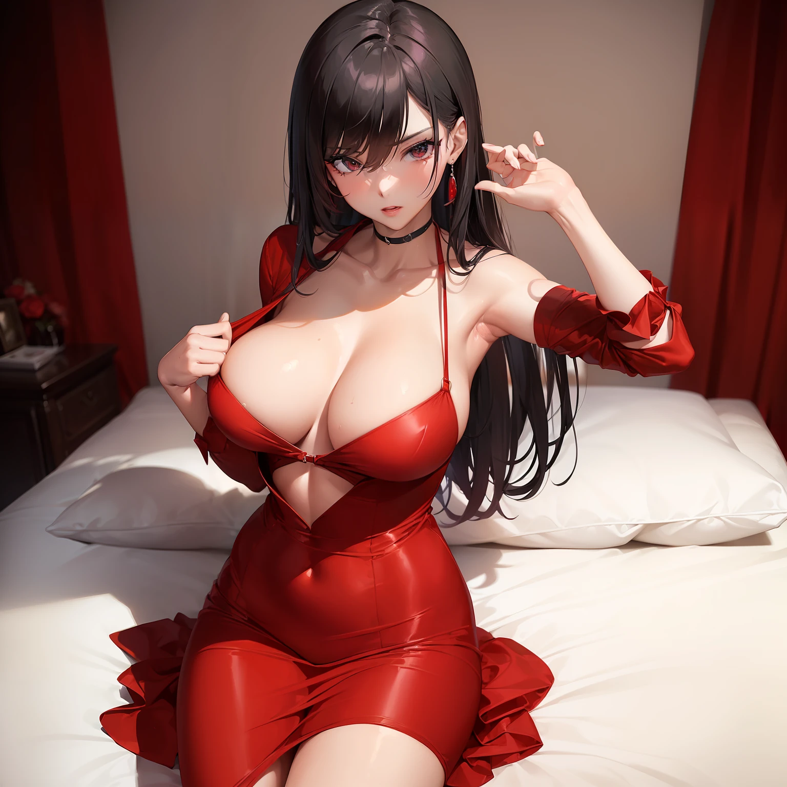 (sexy woman in a red dress:1.2+seductive pose:1.3+intense gaze:1.3)