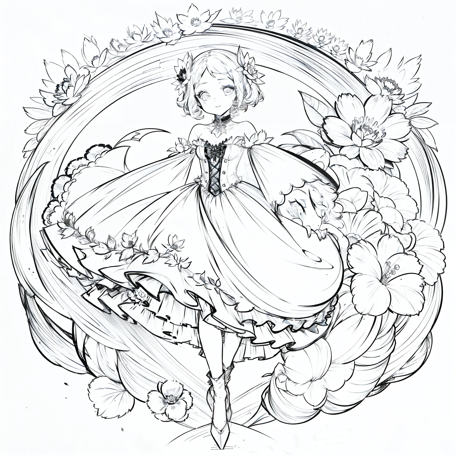 Halloween female in costume, line art, black and white melt, lineart, monochrome, masterpiece, acura, 1girl, solo, flower line drawing background, white background, monochrome, line drawing, ((sketch))