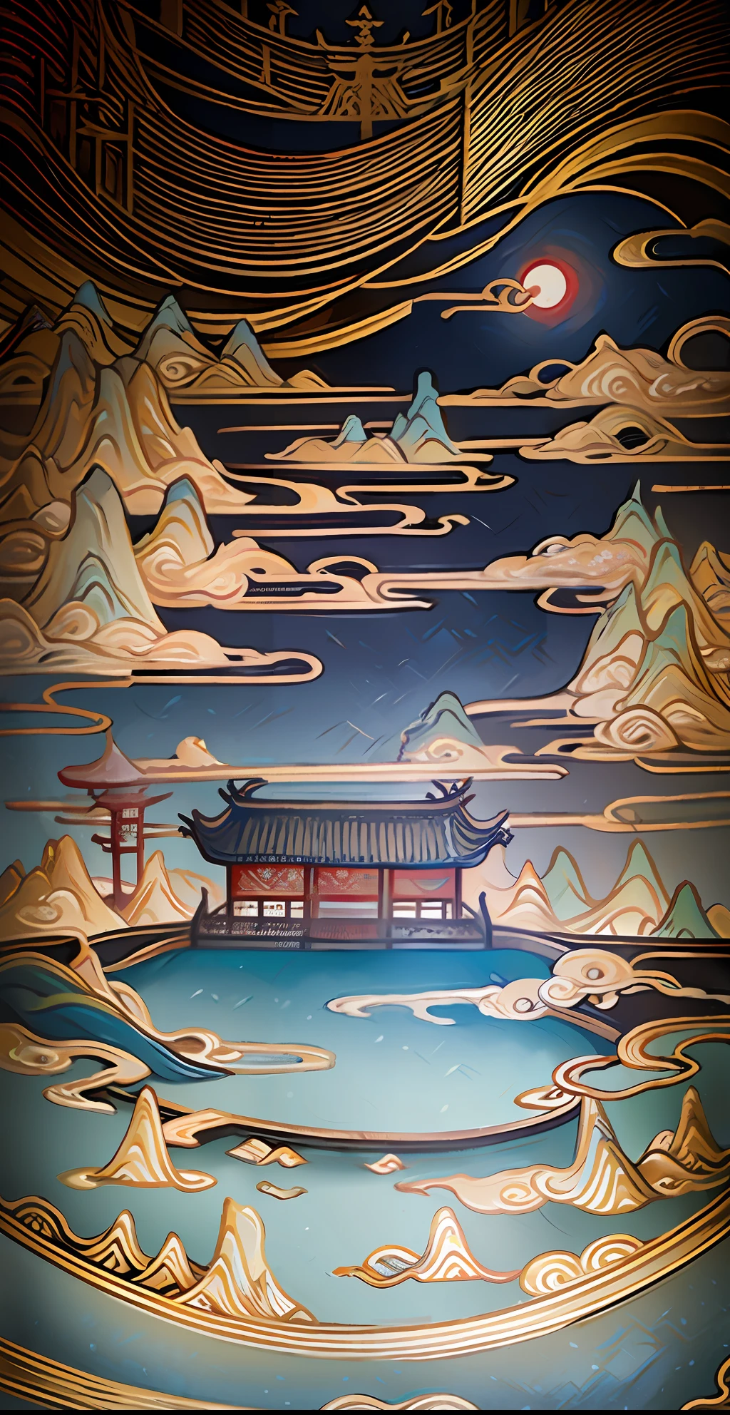 An ancient Chinese painting, ancient Chinese background, mountains, rivers, auspicious clouds, pavilions, sunshine, masterpieces, super detail, epic composition, ultra HD, high quality, extremely detailed, official art, unified 8k wallpaper, Super detail, 32k -- v 6