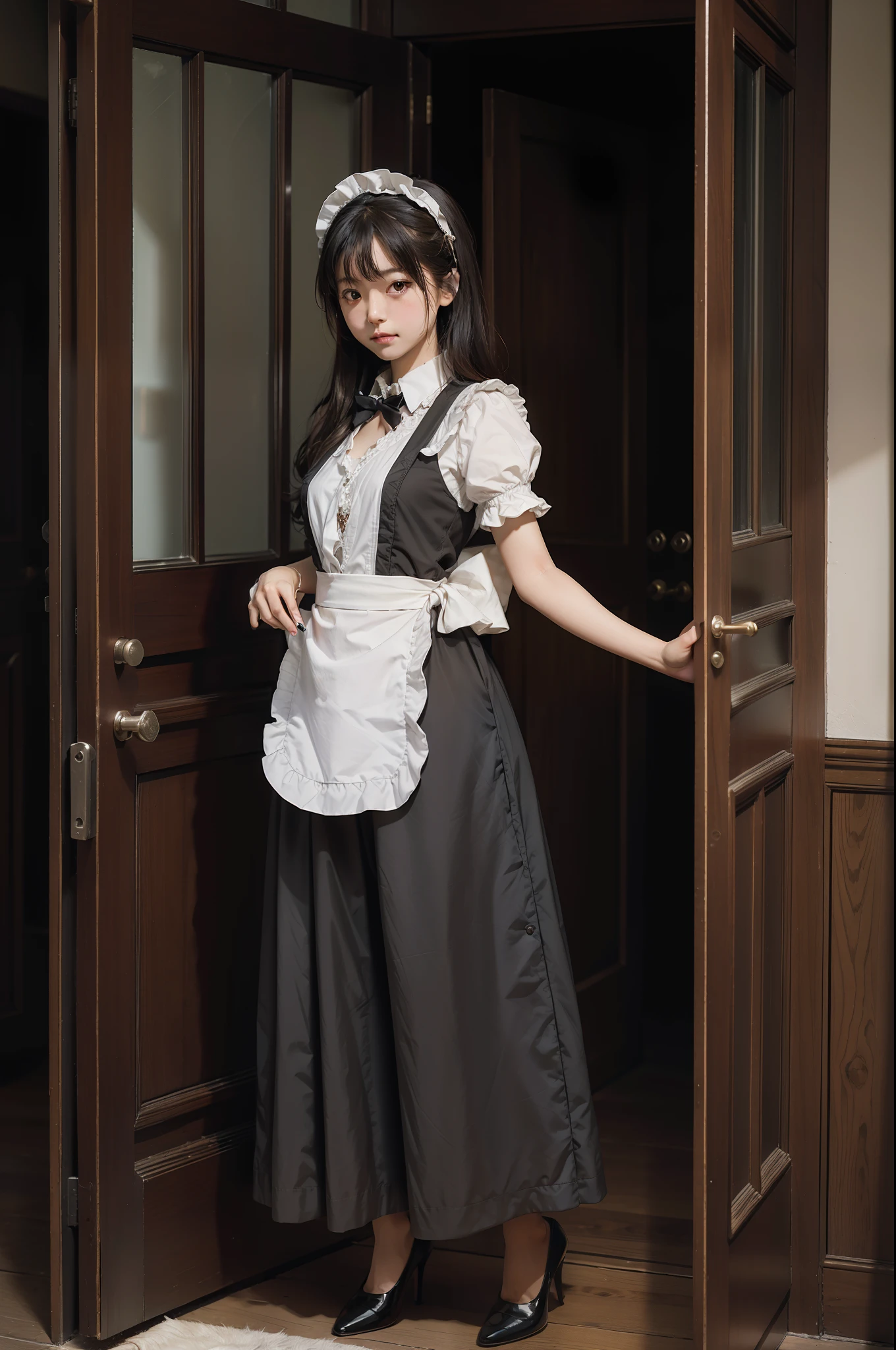 超A high resolution, Super High Detail, depth of fields, maid, Curtsey, to stand, At the entrance, Perfect Anatomy