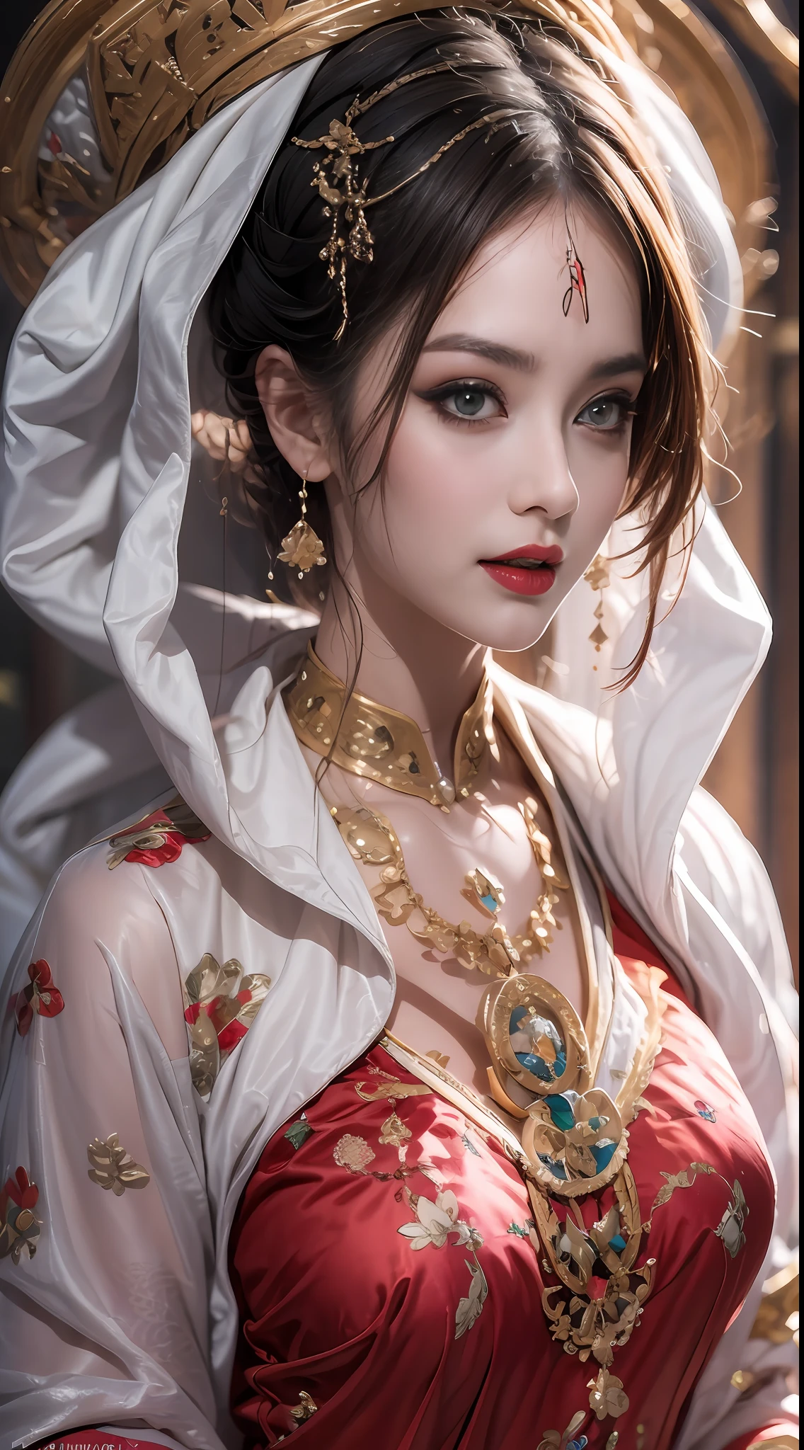 Portrait of a young 20-year-old saint, a saint with a beautiful and super cute face,wearing a very thin and sexy ao dai, beautiful cute face, Ao dai with a deep slit in the chest and attractive black and white lace trim, beautiful face without blemishes, Lovely smile, ((7-color hair length:1.2)), big crown, hair brooch, hanfu dress, chinese ancient style, full body jewelry, forehead tattoo, The female saint's breasts are round and very full, breast augmentation, innocent face, The most beautiful and detailed light red lipstick, ((Thin plump lips:0.3)), delicate pink and white eyes (white and detailed) cinematic, light and dark, dramatic lighting, magical light, extremely detailed light, true color, super sharp, realistic, 8k quality, fantasy universe background, saints and magical space, the most detailed images, Solo, a saintess, ((looking directly at the saint's upper body:0.4)), ((smooth skin:0.5)),