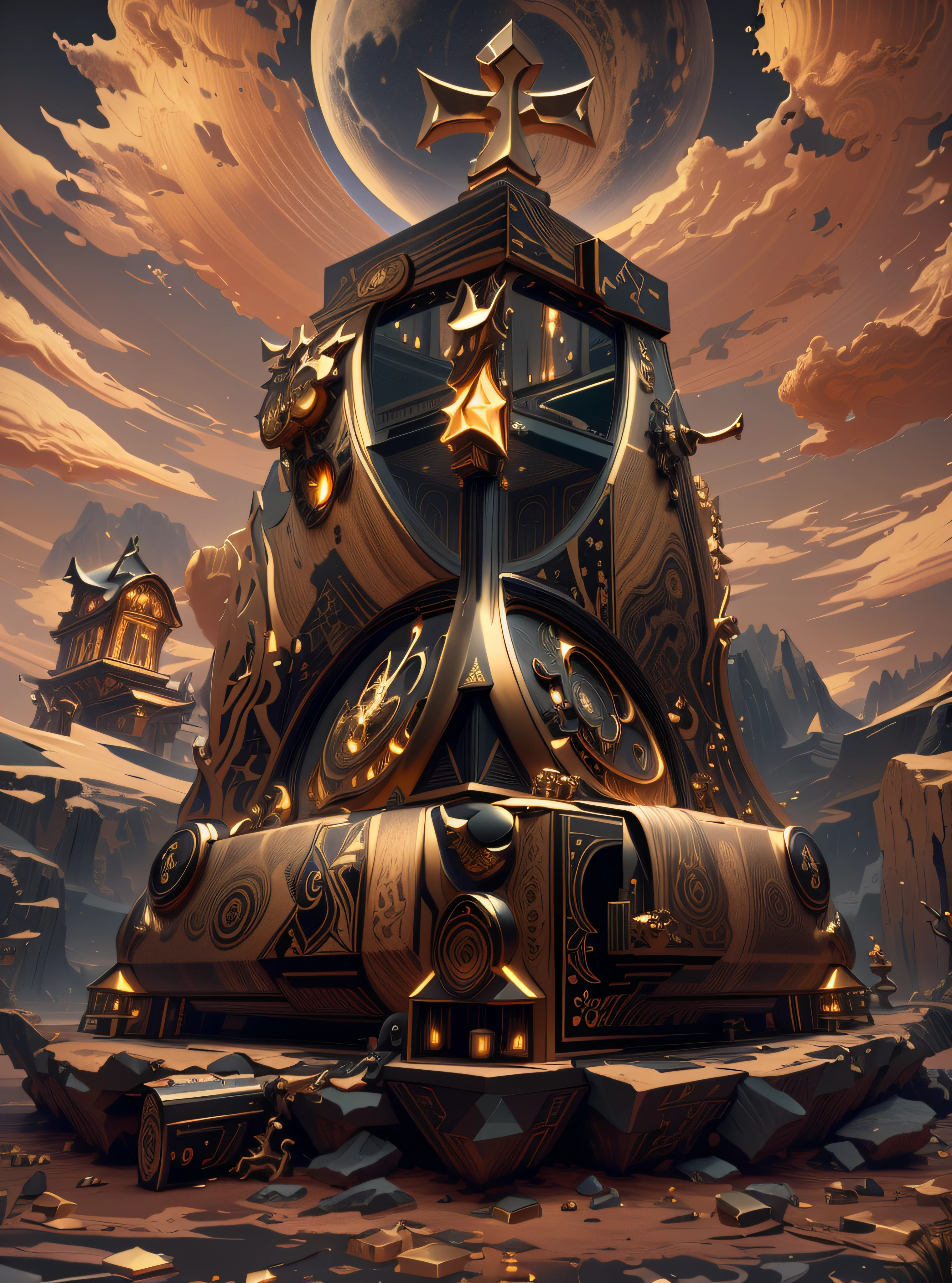 A beautiful BEIGE hourglass, Themed black and bronze in a night sky with full moon and giant planet Saturn behind, 8k, 3D-rendering, Hiper realista,  logo is on a mirrored chessboard, NVIDIA, ray-traced, Bokeh, profundidade de campo, Sinalizadores,
