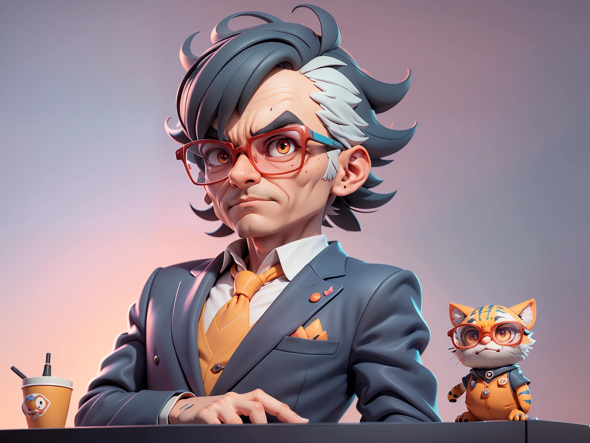A young man in a suit, Short hair and glasses sat at his desk，holding laptop，digitial painting，tigre，3D character design by Mark Clairen and Pixar and Hayao Miyazaki and Akira Toriyama，4K HD illustration，Very detailed facial features and cartoon-style visuals。