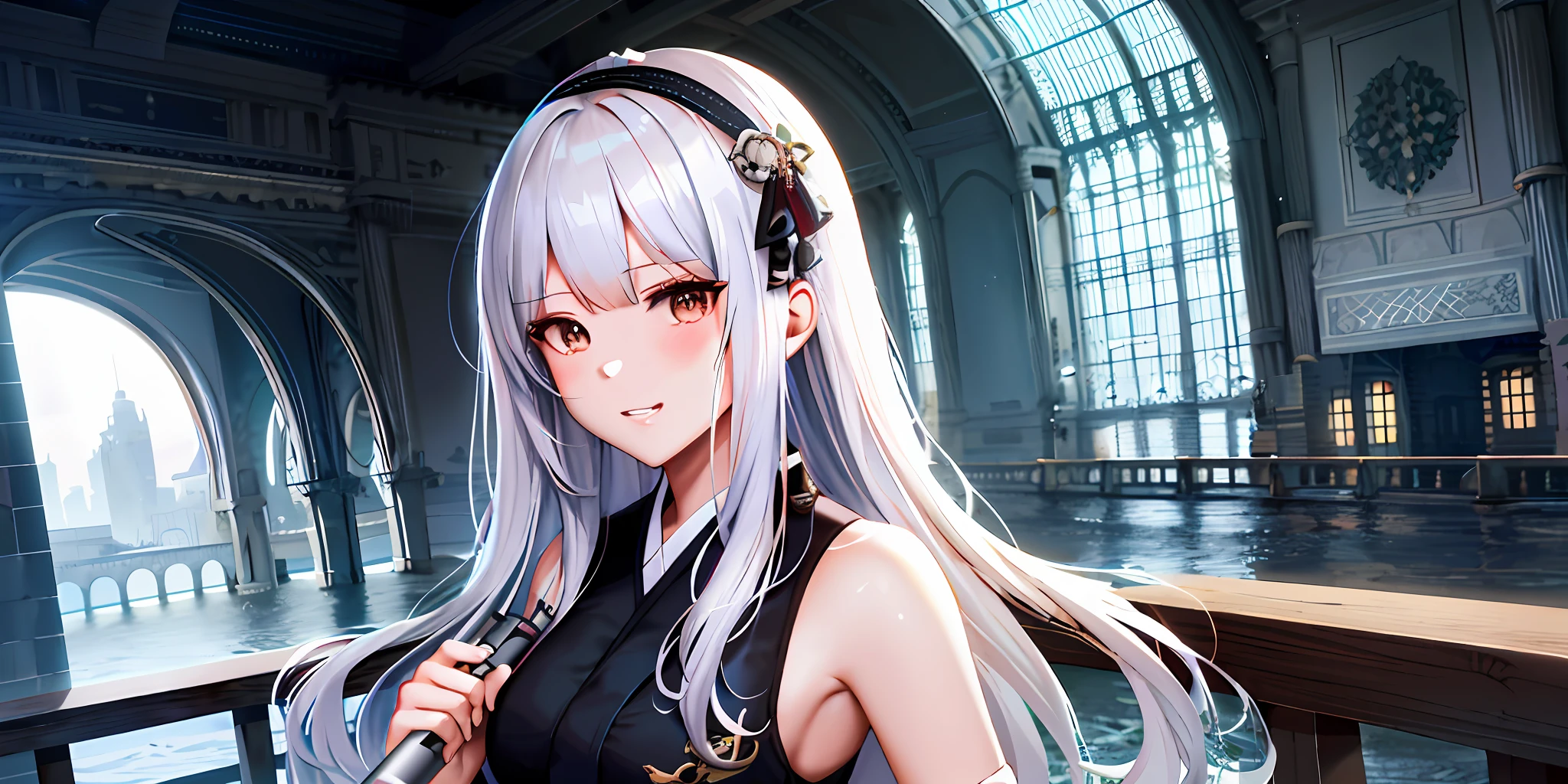 Anime girl with long white hair and black dress standing in a building, Fine details. Girl Front, Girls Frontline CG, from girls frontline, girls frontline style, girls frontline universe, Smooth anime CG art, Kantai collection style, azur lane style, A scene from the《azur lane》videogame, Girl Front, Guviz-style artwork, Detailed digital anime art