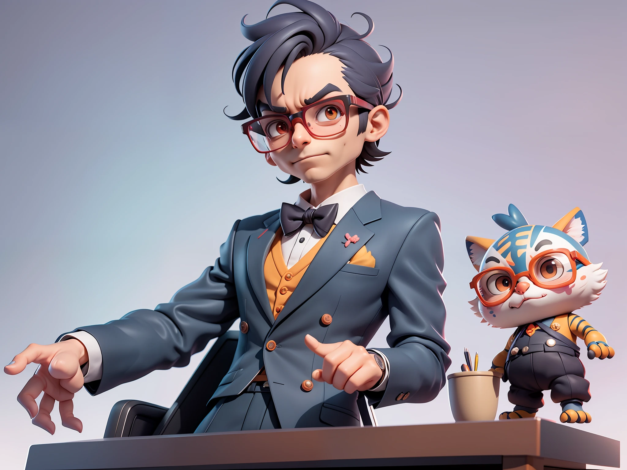 A young man in a suit, Short hair and glasses sat at his desk，holding laptop，digitial painting，tigre，3D character design by Mark Clairen and Pixar and Hayao Miyazaki and Akira Toriyama，4K HD illustration，Very detailed facial features and cartoon-style visuals。
