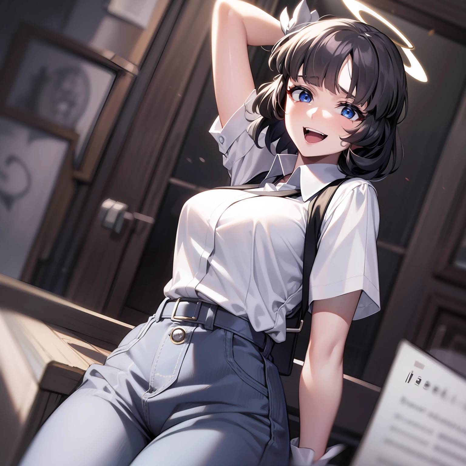 azazel(helltaker), white pants, 1girl, official style, open mouth, solo, ribbon, white shirt, angel, halo, blue eyes, white ribbon, white gloves, smile, cross, arm behind back, shirt, belt, collared shirt, black hair, short hair, blunt bangs, short sleeves, hair ribbon, looking at viewer, pants, gloves