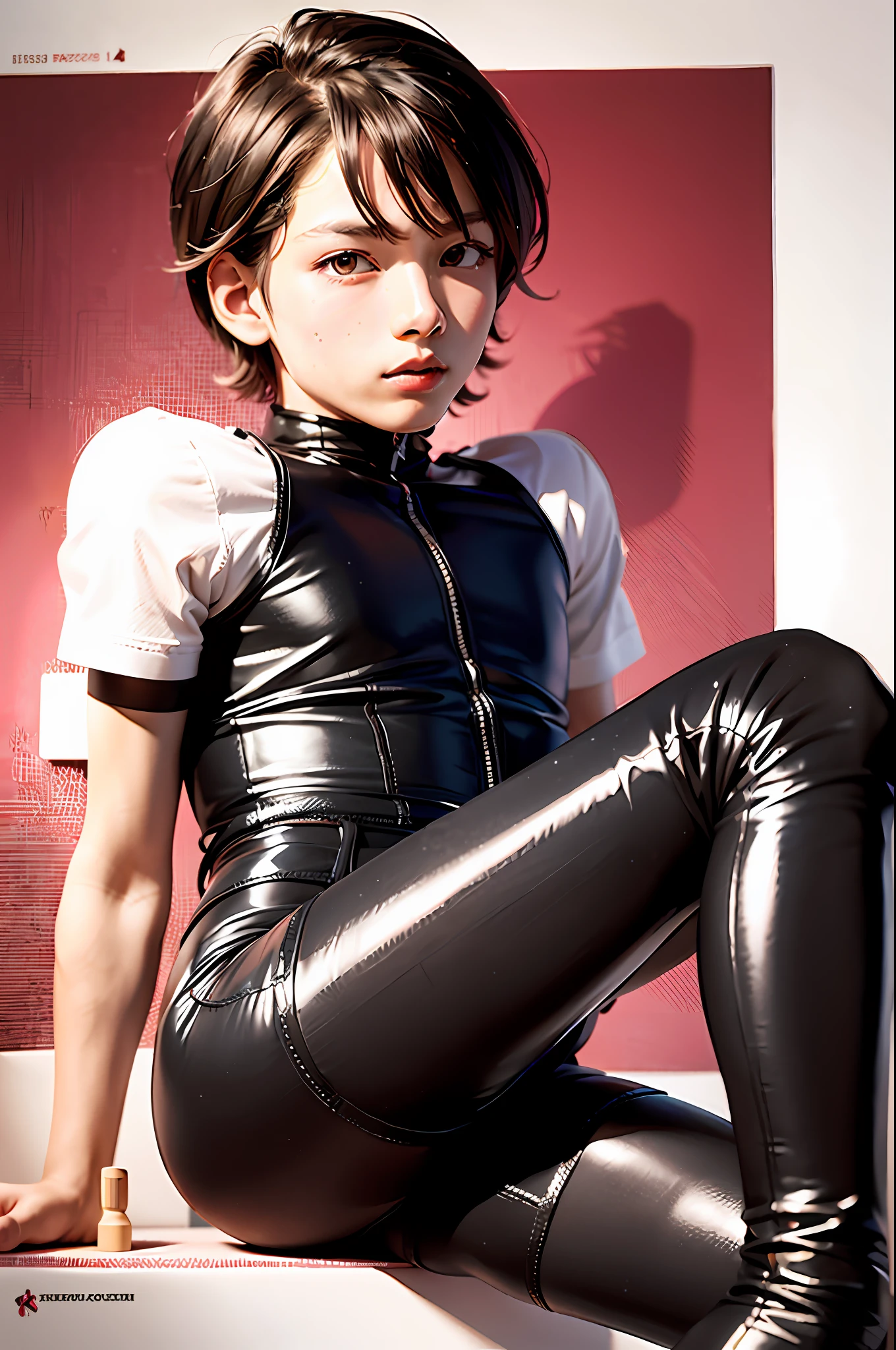 1boy、A young boy in a black latex tights sitting in front of a plain white background,legs are open、Protruding 、There are no extra limbs、Precise anatomy、short detailed hair、brush cut