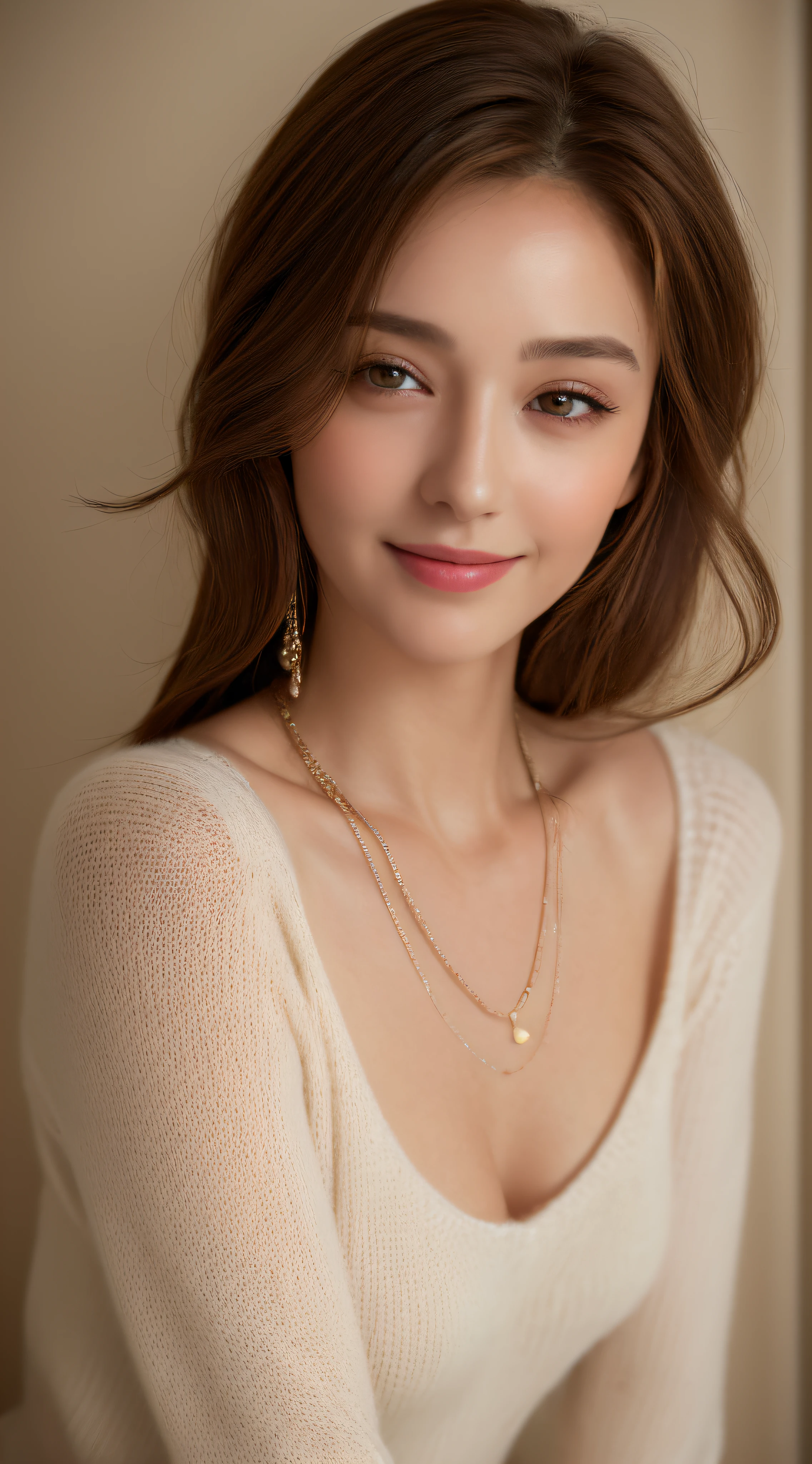 ((Night, Realistic Light, Best Quality, 8K, Masterpiece: 1.3)), 1girl, Slim Beauty: 1.4, Abs: 1.1, (Brown hair, Medium breasts: 1.3), Long white sweater: 1.1, Bathroom, Super fine face, Delicate eyes, Double eyelids, smile, necklace