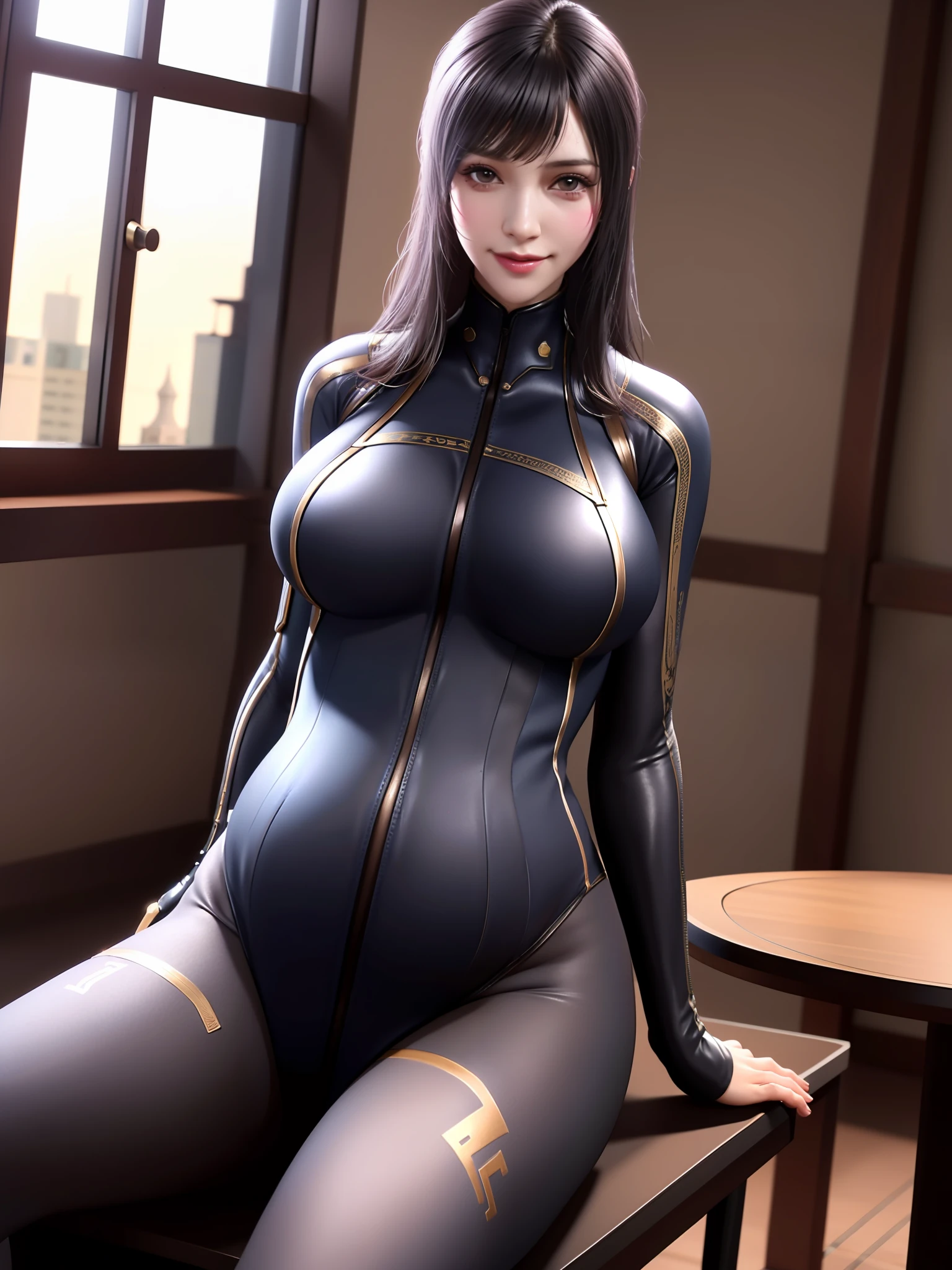 Female,belt,Pantyhose, arms back behind, Cityscape,Night,face markings,Sitting,chair,Close-up, Indoors,Table,window,Upper body,Pregnant belly, maternity attire for pregnant women，maternity dress，pregnant belly，Pregnant belly，8K HD high quality，tightsuit，ssmile