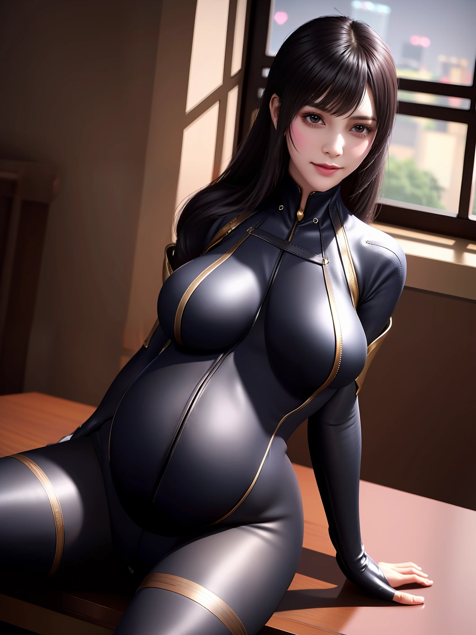 Female,belt,Pantyhose, arms back behind, Cityscape,Night,face markings,Sitting,chair,Close-up, Indoors,Table,window,Upper body,Pregnant belly, maternity attire for pregnant women,maternity dress,pregnant belly,Pregnant belly,8K HD high quality,tightsuit,ssmile