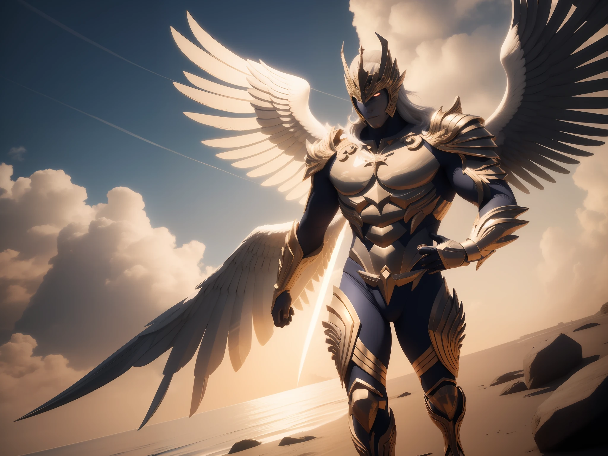 Arafed male angel with wings standing on a beach, unreal motor render saint seiya, angel in plastic armor, arcanjo, 3 d render arte do caractere 8 k, Armadura Dourada Angelical, humano alado, Arqueiro alado, Armor angle with wing, Unreal Engine Arte de fantasia, 2. 5 d cgi anime fantasia arte, Amazing 8K character concept art, epic angel wings